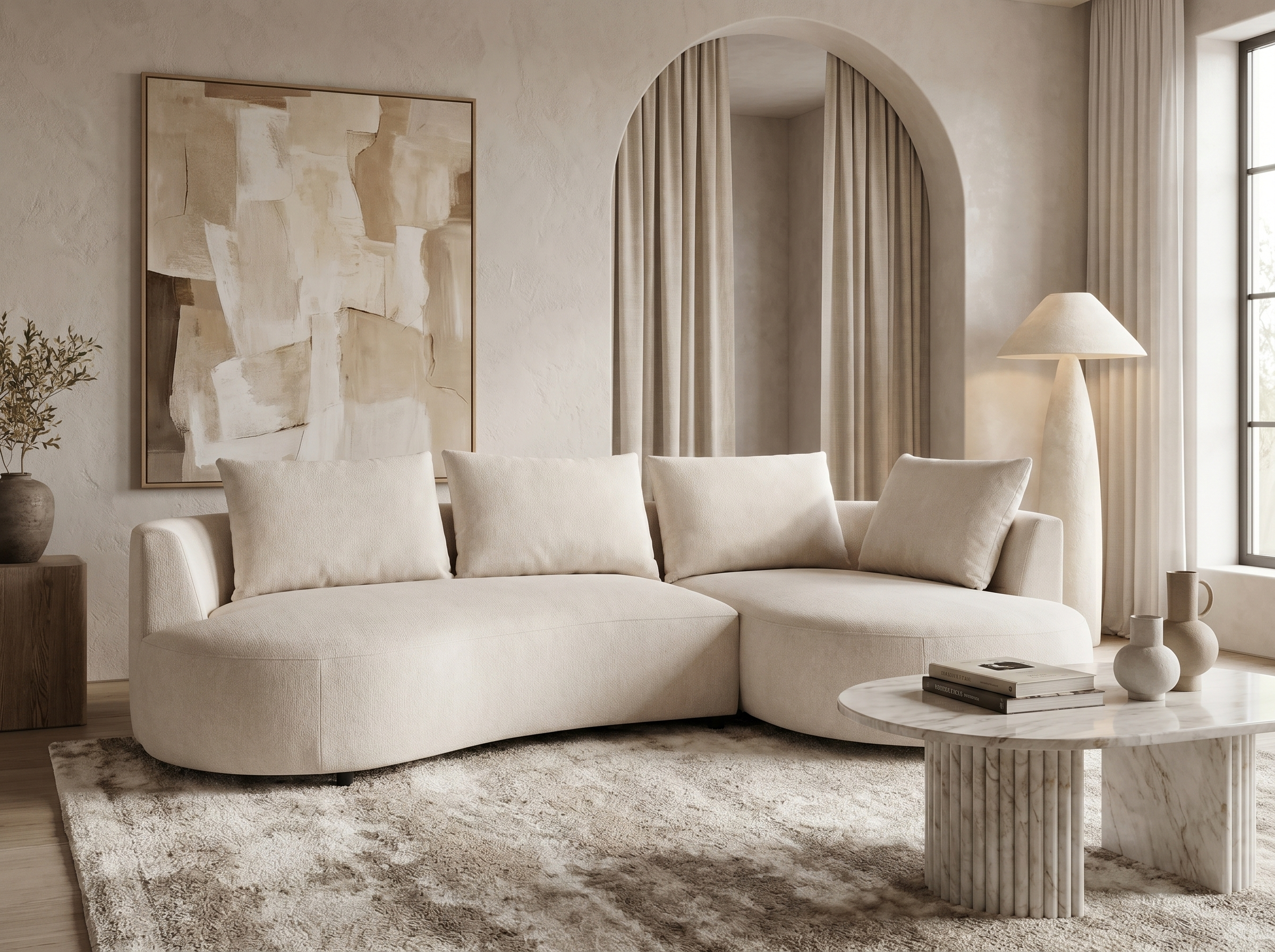Canapé Arrondi d'Angle en Velours Texturé Beige - LOUSADO