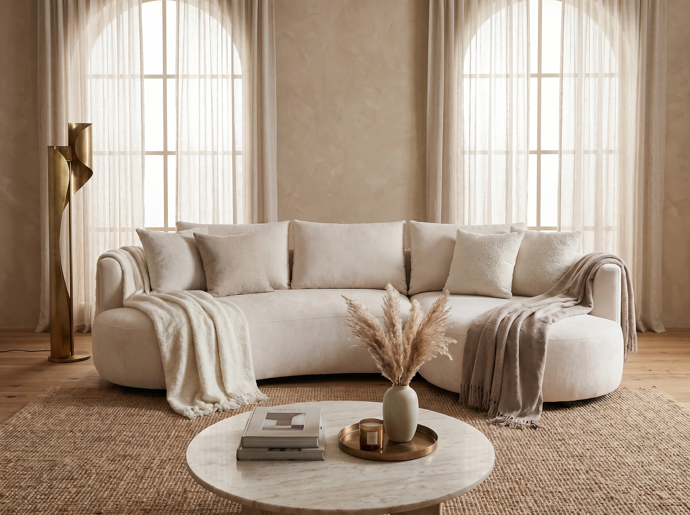 Canapé Arrondi d'Angle en Velours Texturé Beige - LOUSADO