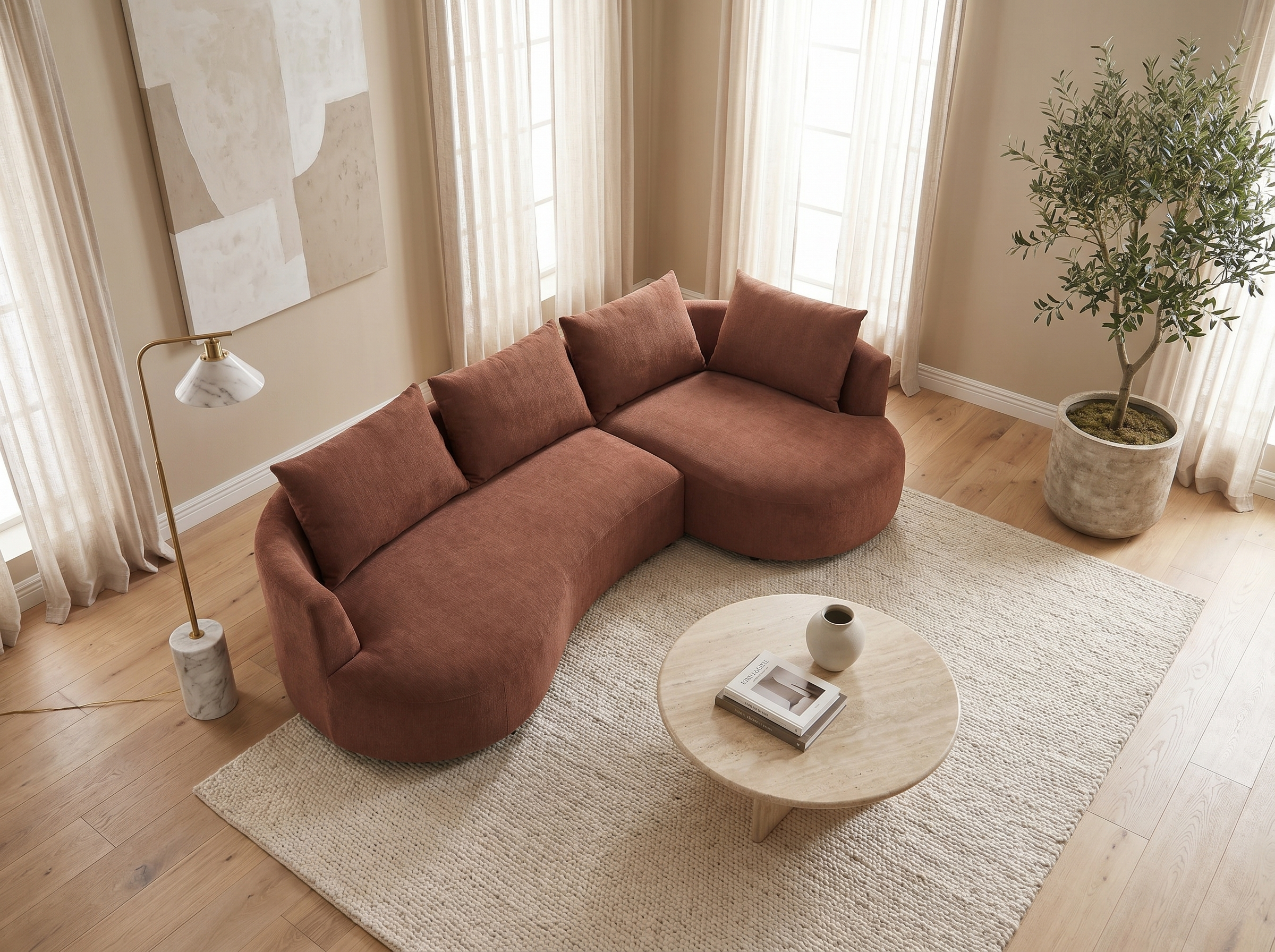Canapé Arrondi D'Angle Droit En Velours Texturé Terracotta - LOUSADO