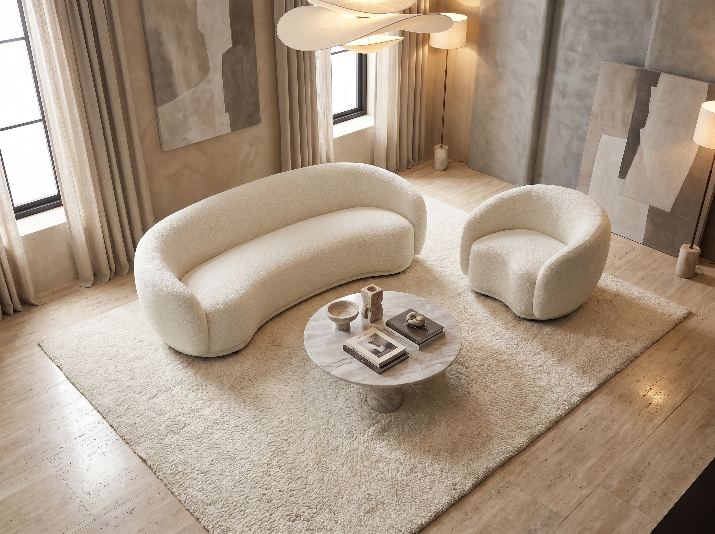 Ensemble Canapé Arrondi 3 Places Et Fauteuil Arrondi Blanc Ivoire - BOVANA