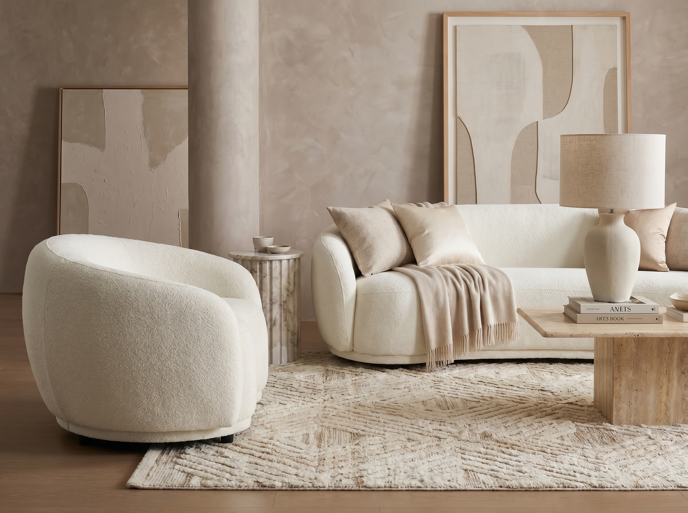 Ensemble Canapé Arrondi 3 Places Et Fauteuil Arrondi Blanc Ivoire - BOVANA