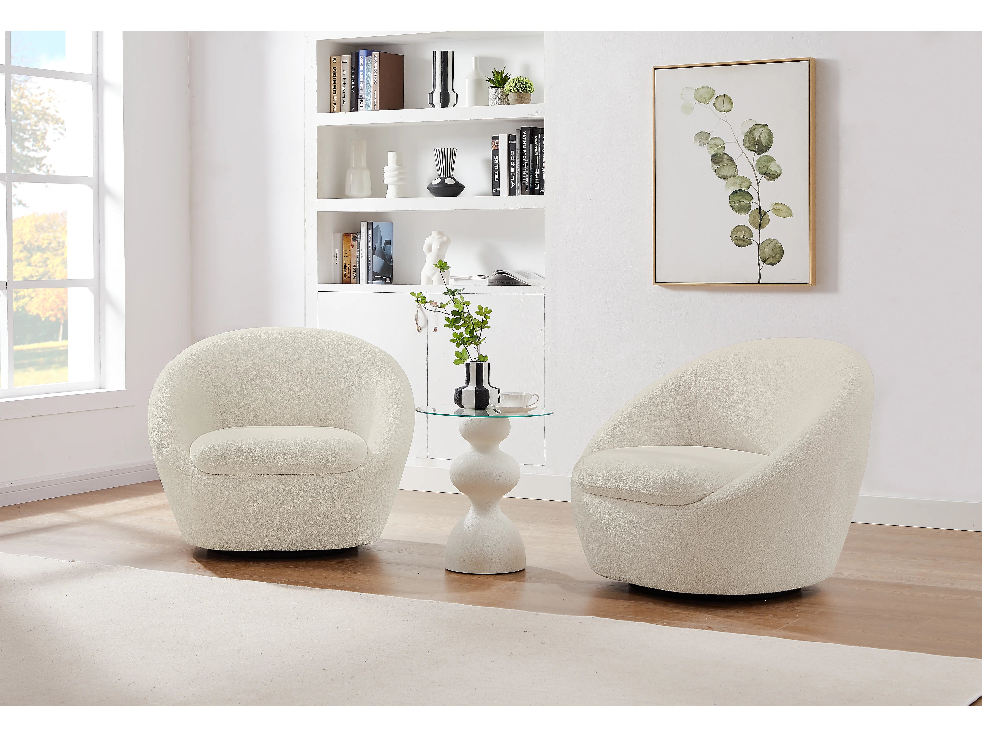 Fauteuil Arrondi Pivotant En Tissu Bouclette Blanc - LACARA