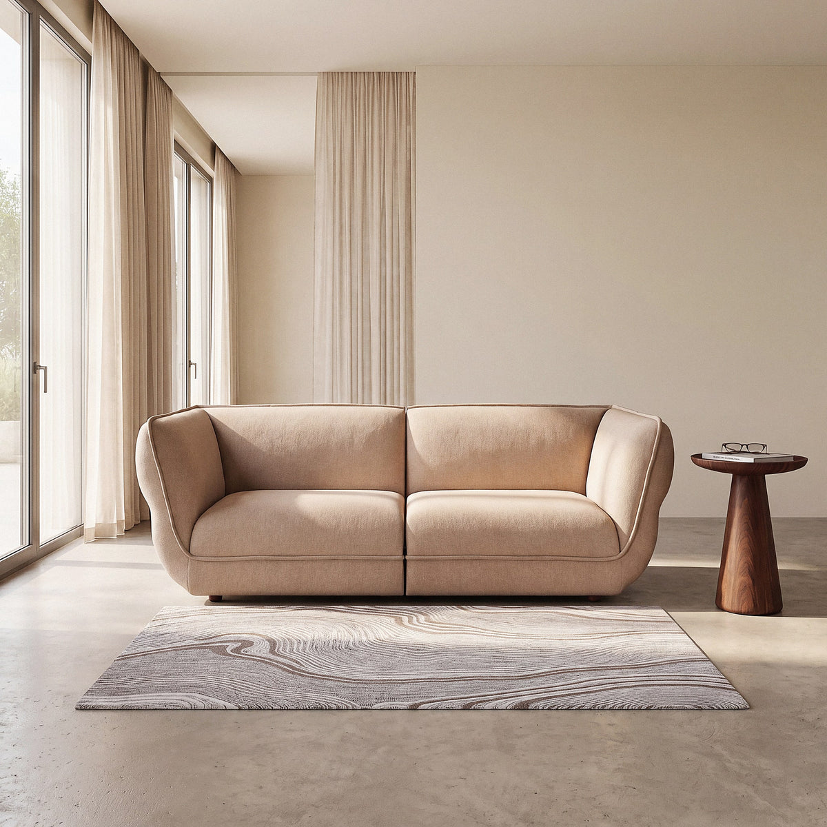Canapé Arrondi Tissu Texturé 3 Places Beige - Crush