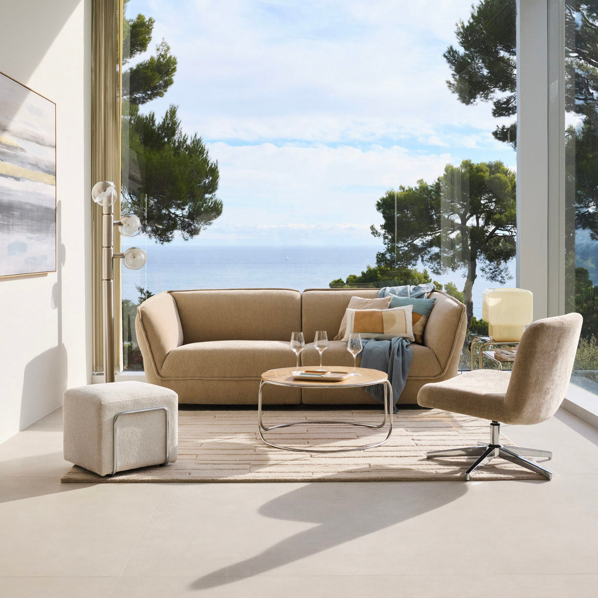 Canapé Arrondi Tissu Texturé 3 Places Beige - Crush