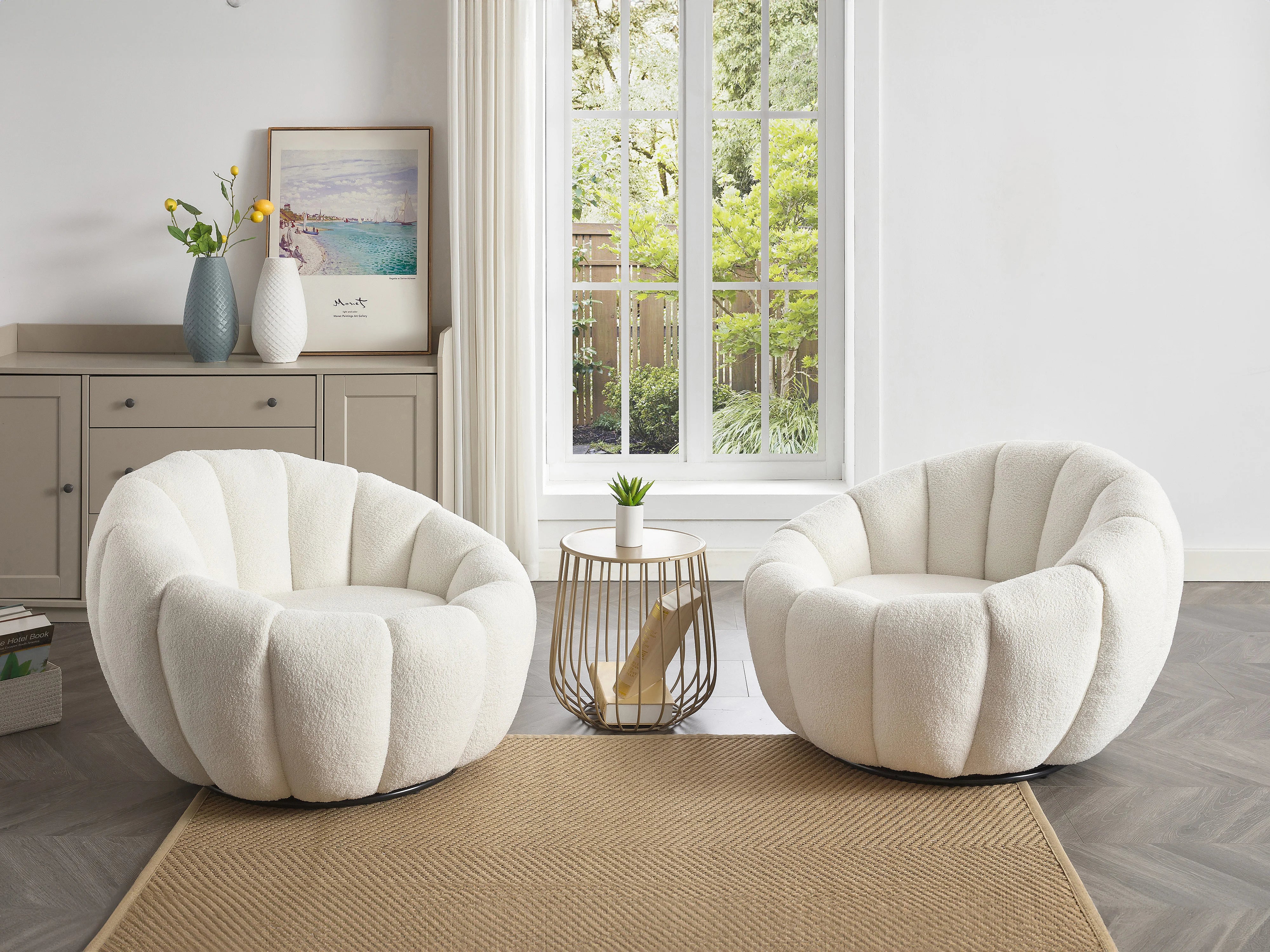 Fauteuil Arrondi Coquillage Pivotant En Bouclette Blanc - COSSATO