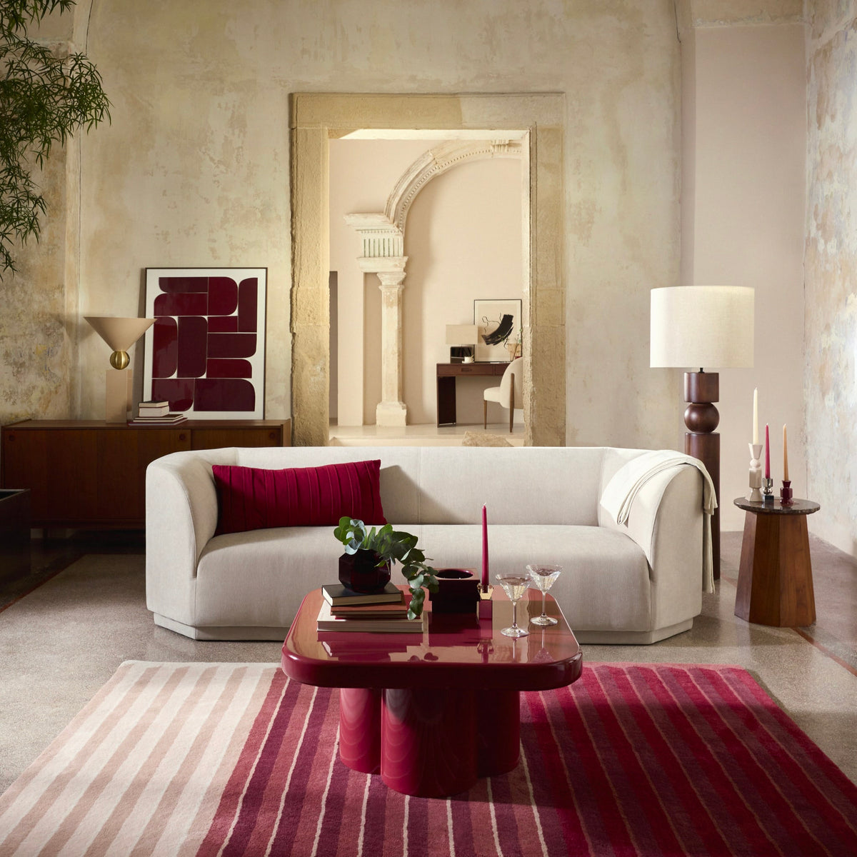 Canapé Arrondi Tissu Tramé 4 Places Beige - Gaspard