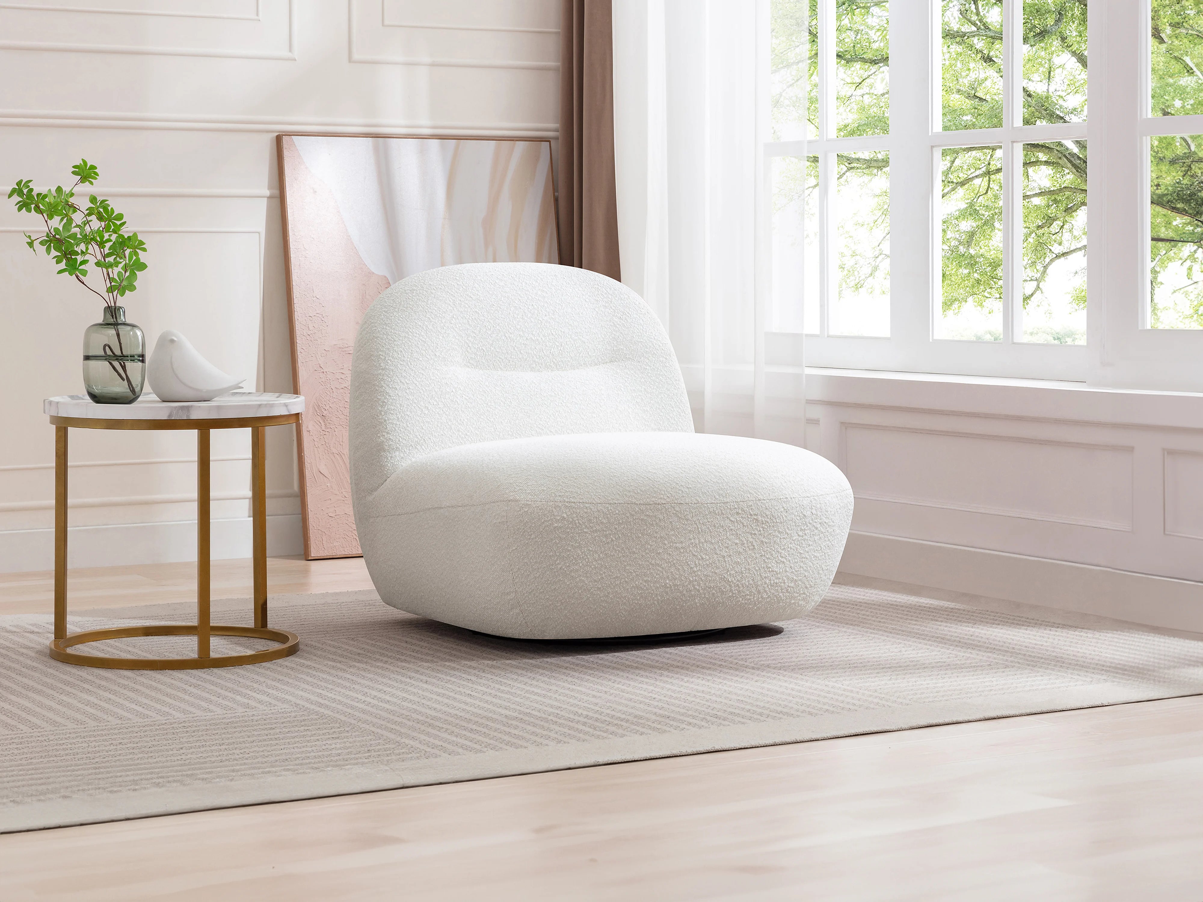 Fauteuil Arrondi Pivotant En Tissu Bouclette Blanc - POZETI