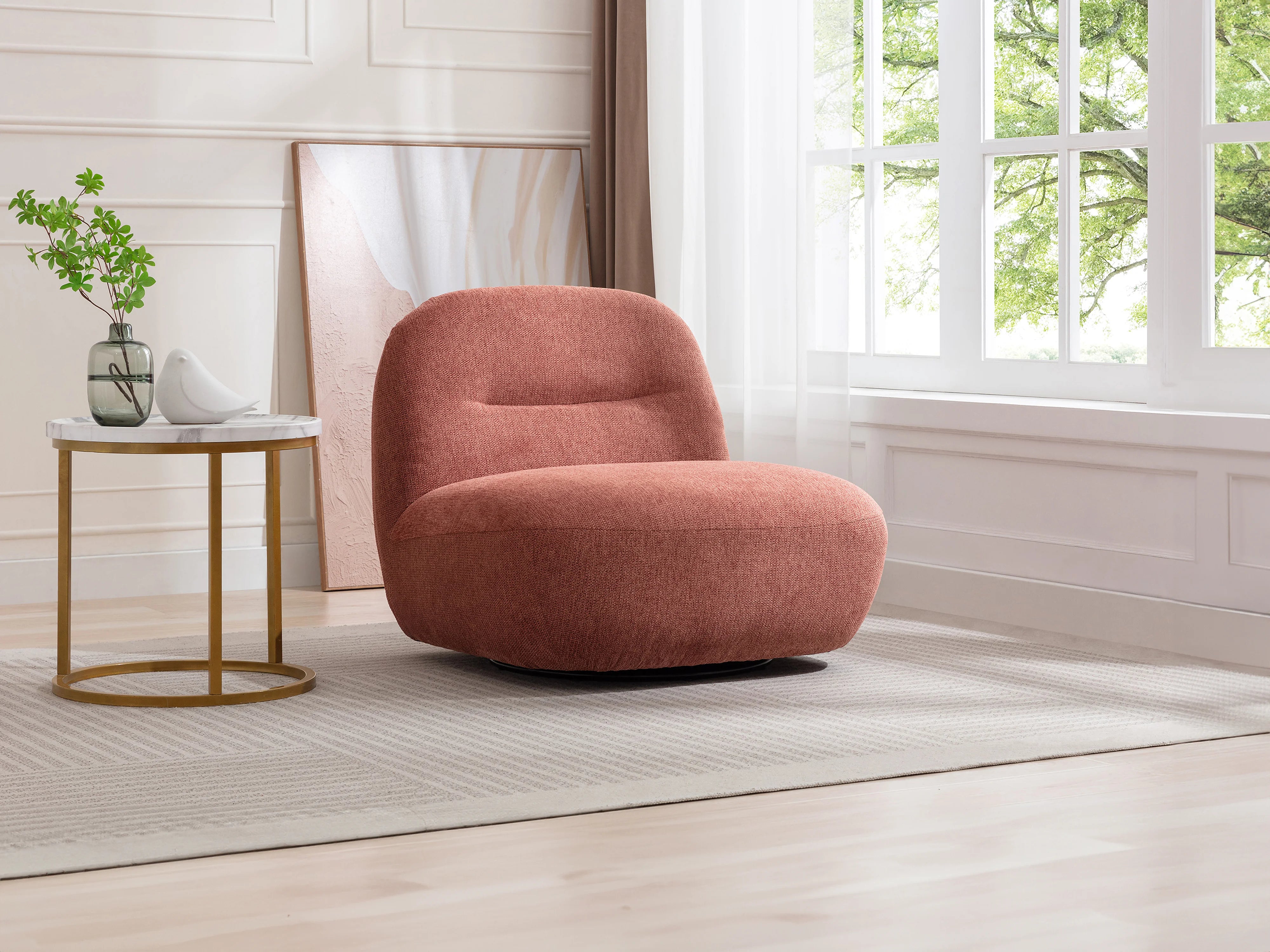 Fauteuil Arrondi Pivotant En Tissu Texturé Terracotta - POZETI