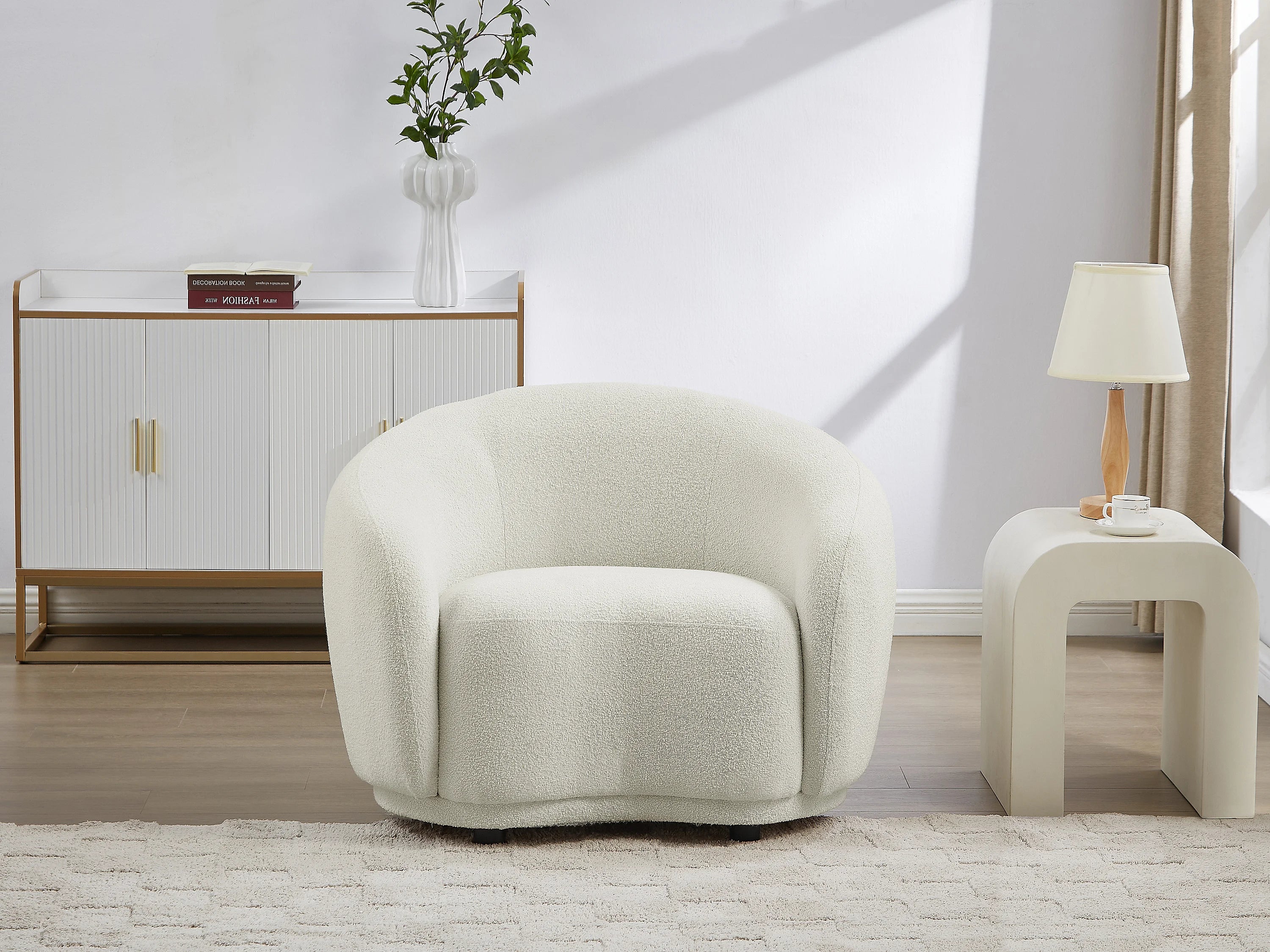 Fauteuil Arrondi En Tissu Bouclette Blanc Ivoire - BOVANA