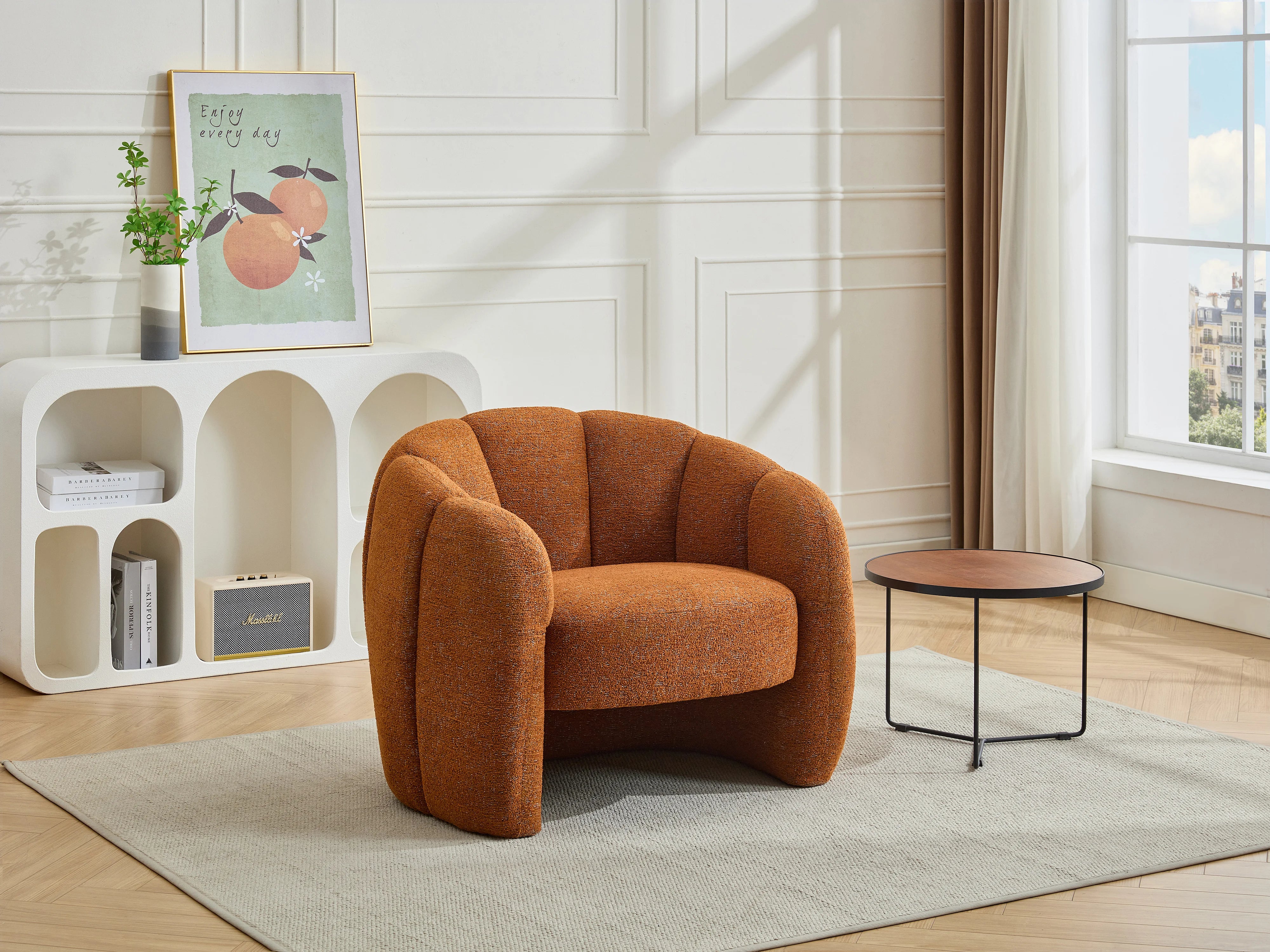Fauteuil Arrondi Coquillage En Tissu Chenille Terracotta - DELIPO