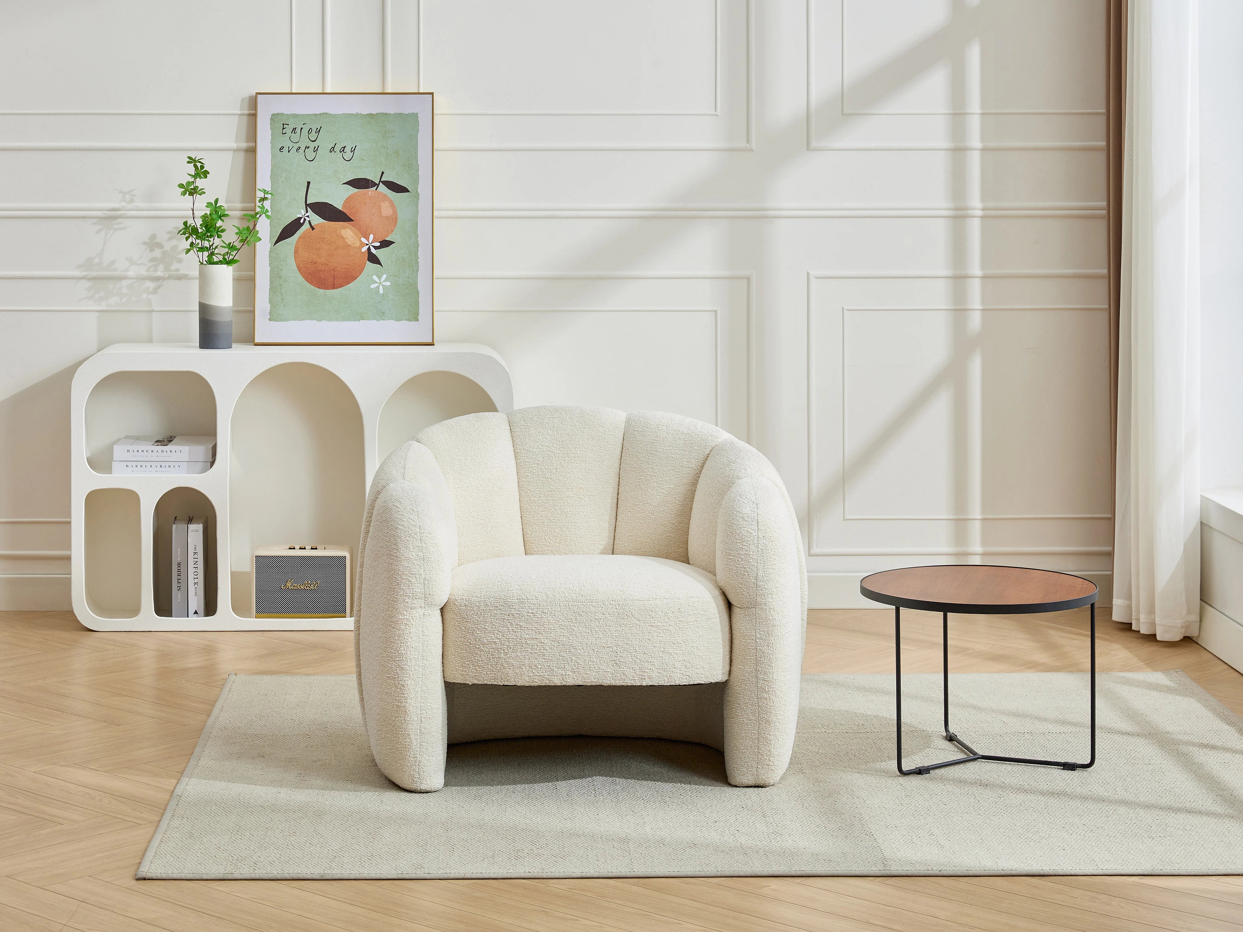 Fauteuil Arrondi Coquillage En Tissu Chenille Beige - DELIPO