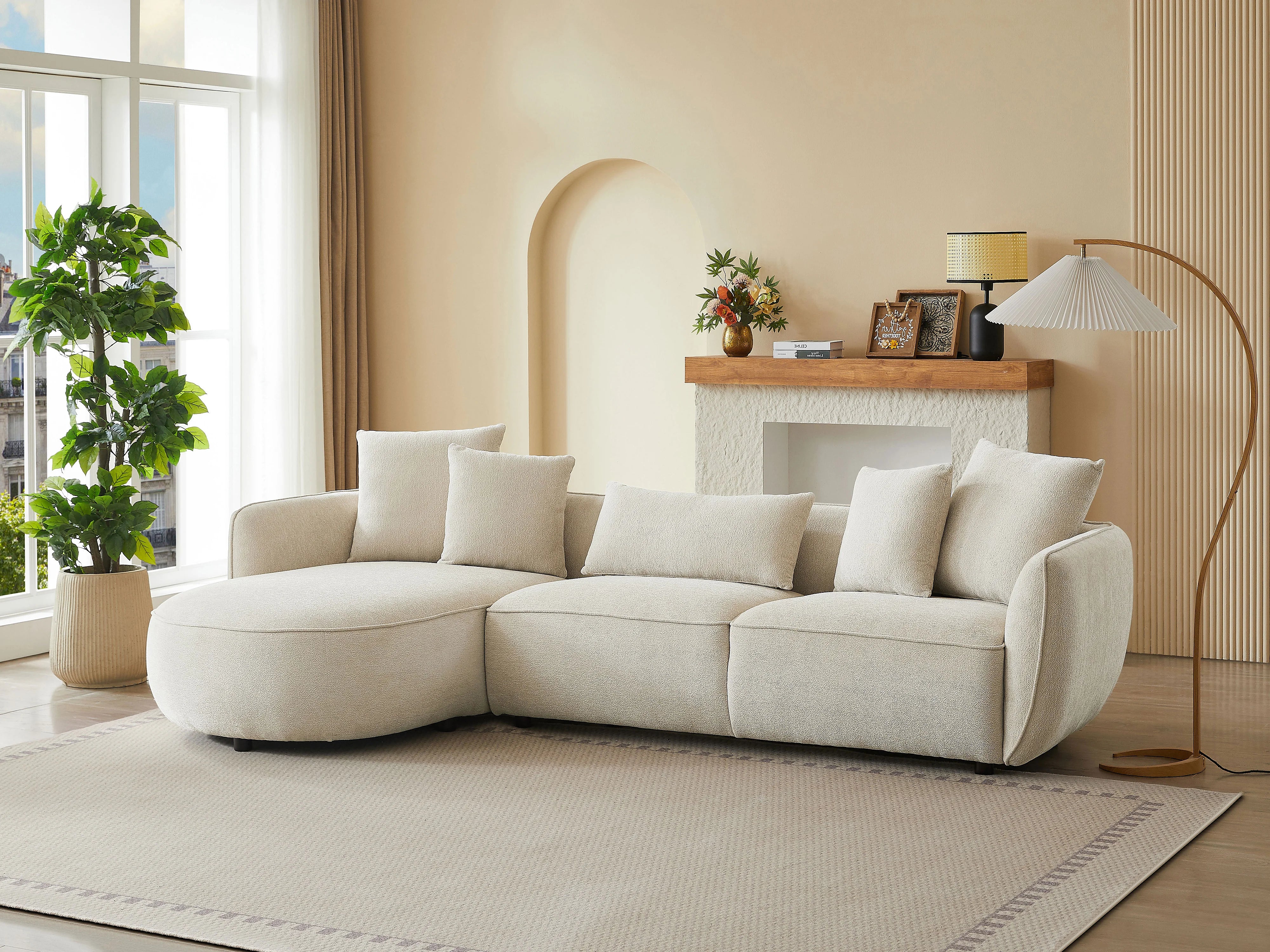 Canapé Arrondi D'Angle Gauche En Tissu Chenille Beige - DOKALO