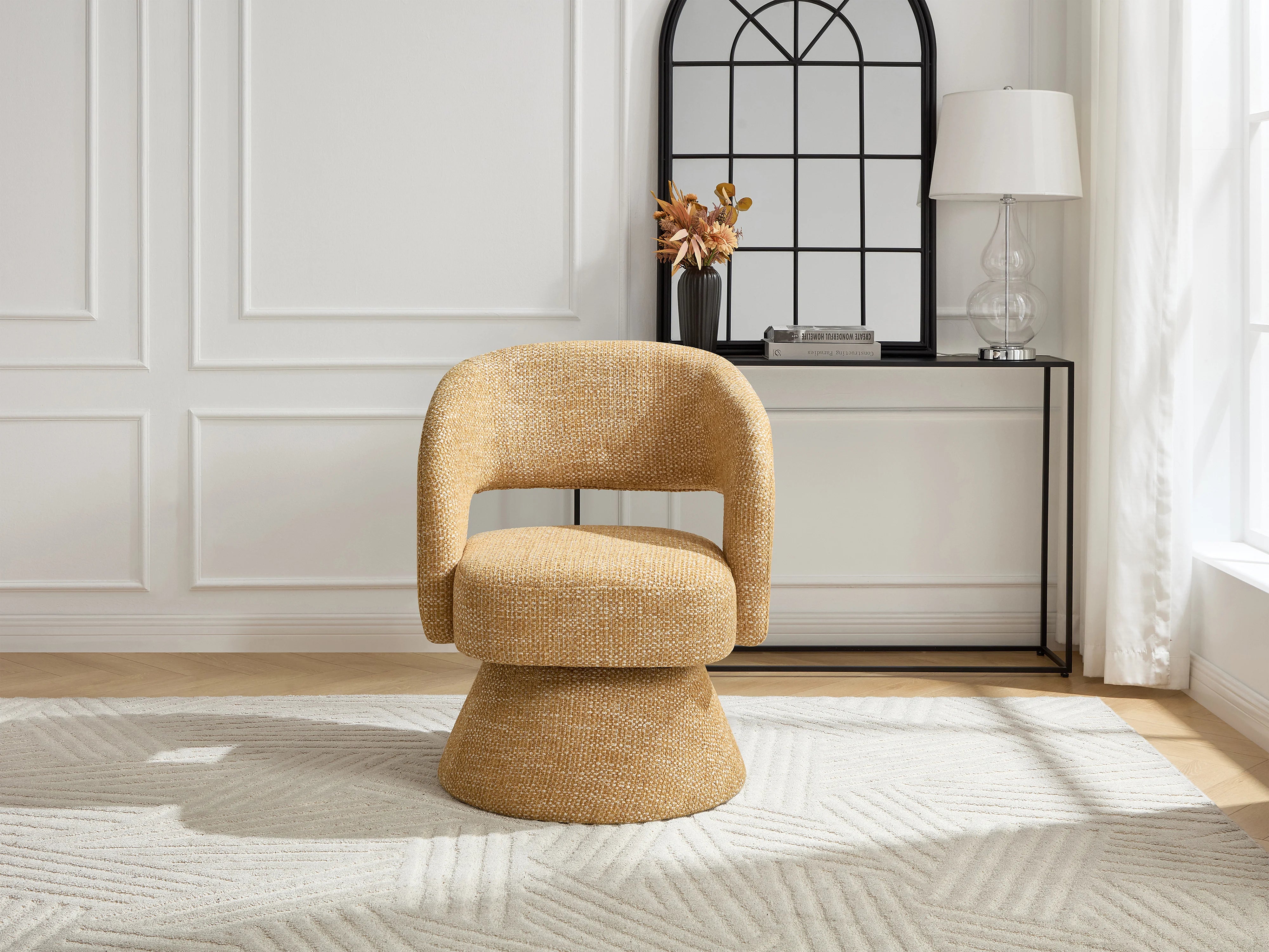 Fauteuil Arrondi Pivotant En Tissu Texturé Jaune Moutarde - NAROLIA