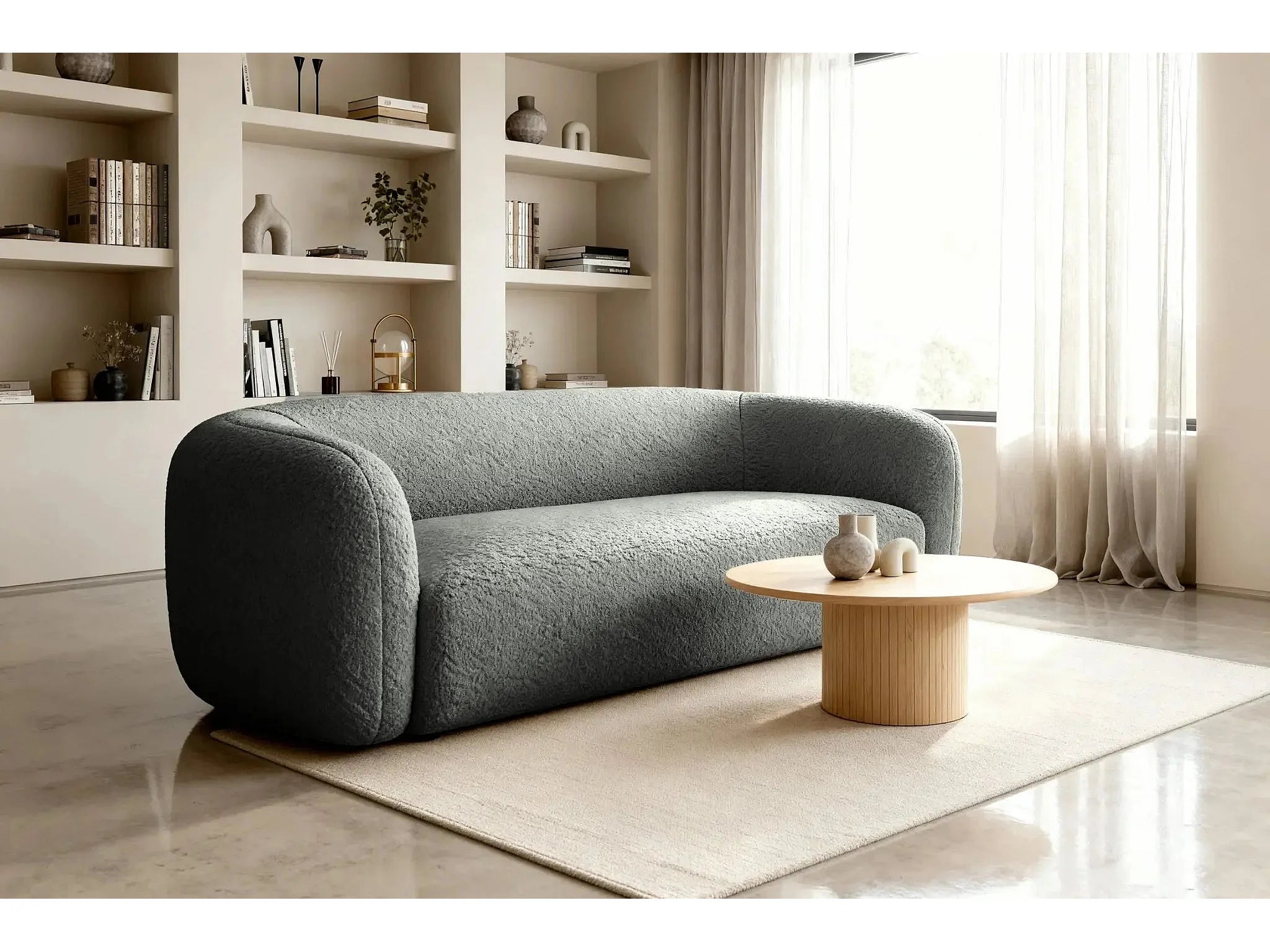 Canapé Arrondi En Tissu Bouclette 3 Places Gris Foncé - BAHIA