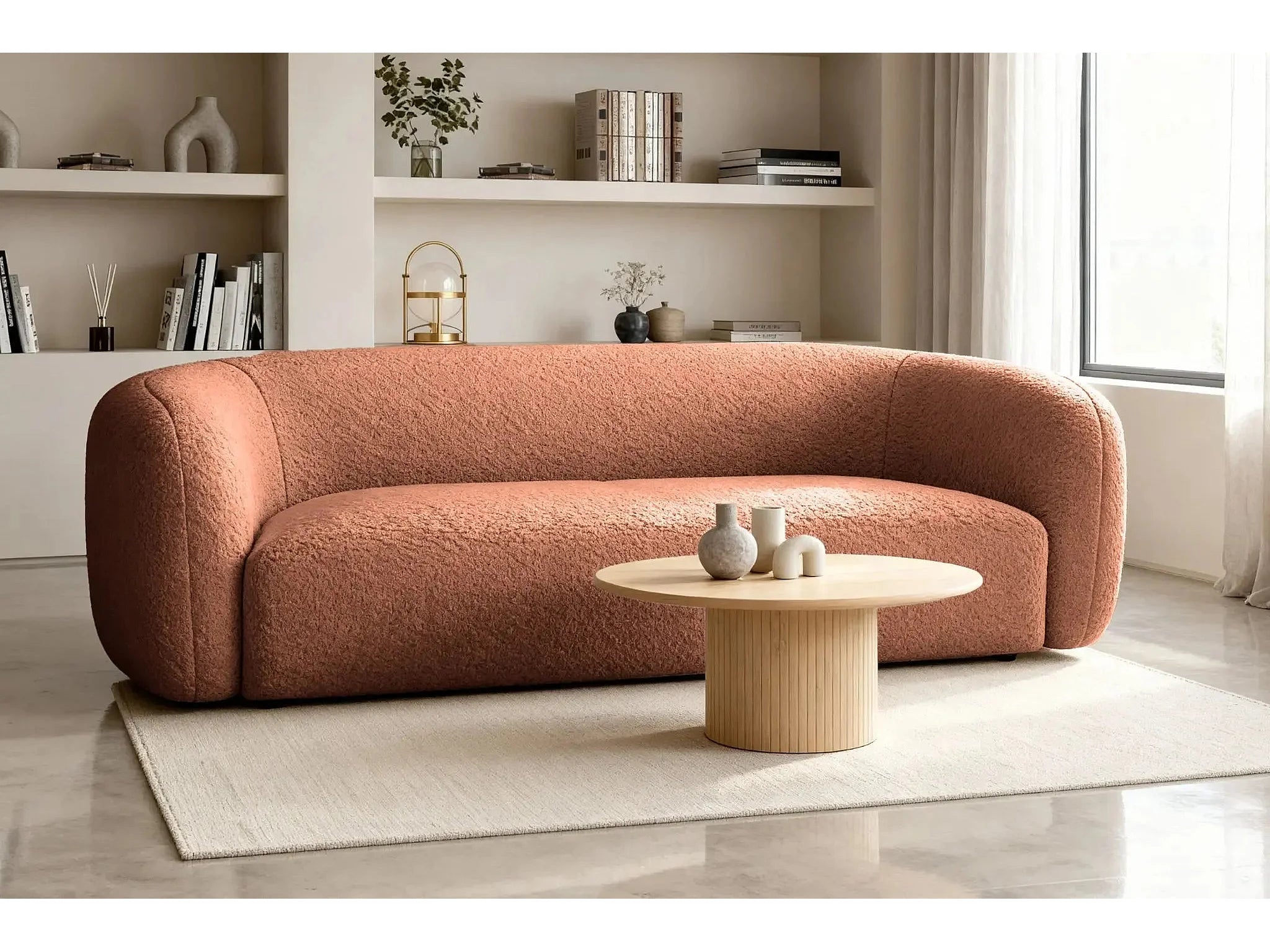 Canapé Arrondi Droit En Tissu Bouclette 3 Places Terracotta - BAHIA