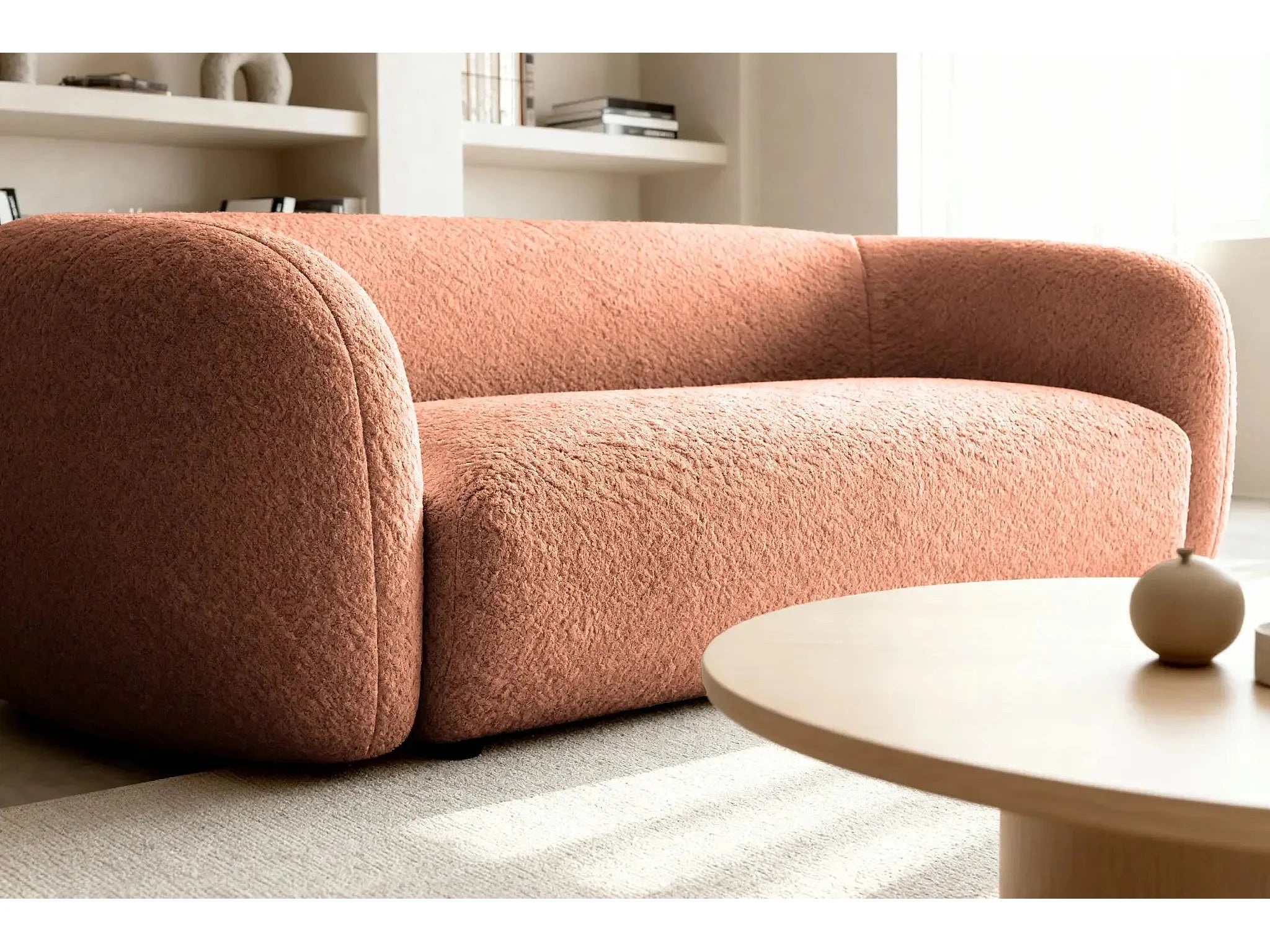 Canapé Arrondi Droit En Tissu Bouclette 3 Places Terracotta - BAHIA