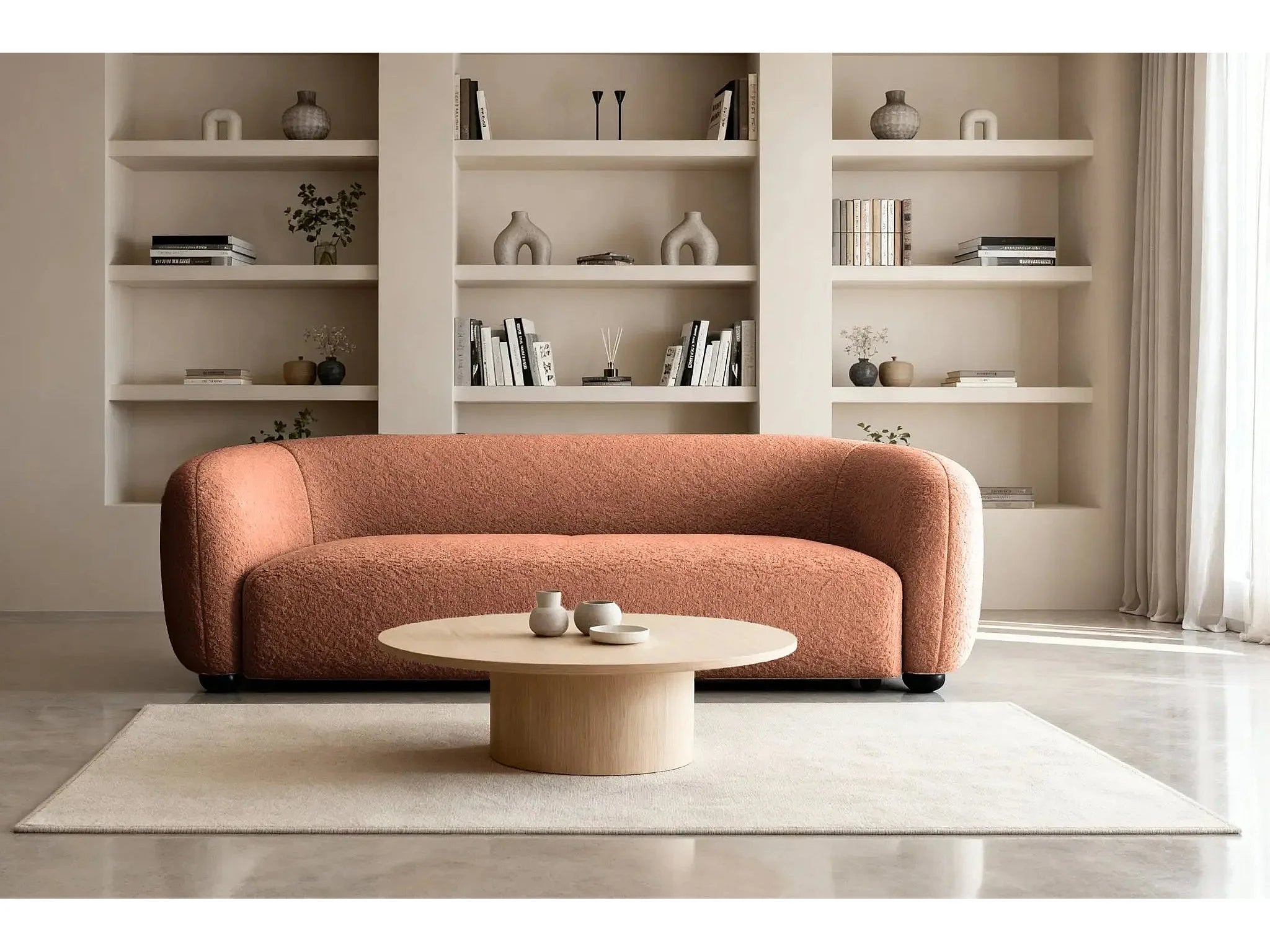 Canapé Arrondi Droit En Tissu Bouclette 3 Places Terracotta - BAHIA