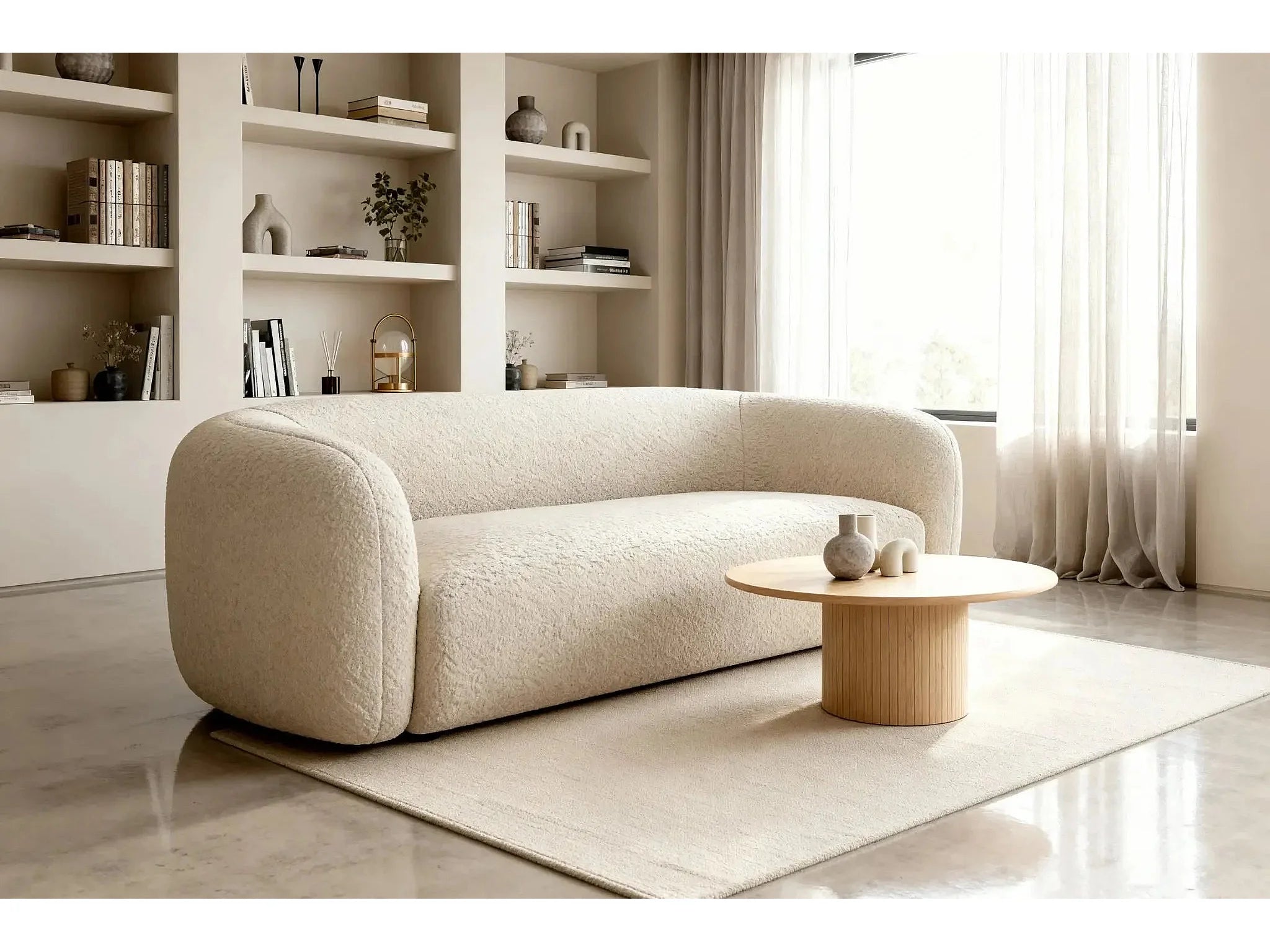 Canapé Arrondi Droit En Tissu Bouclette 3 Places Beige - BAHIA
