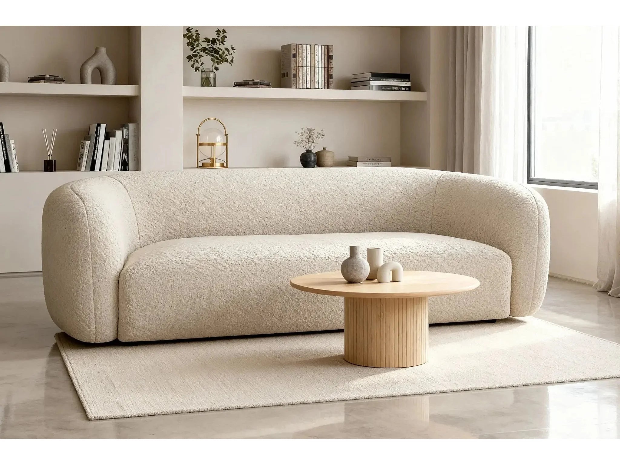 Canapé Arrondi Droit En Tissu Bouclette 3 Places Beige - BAHIA