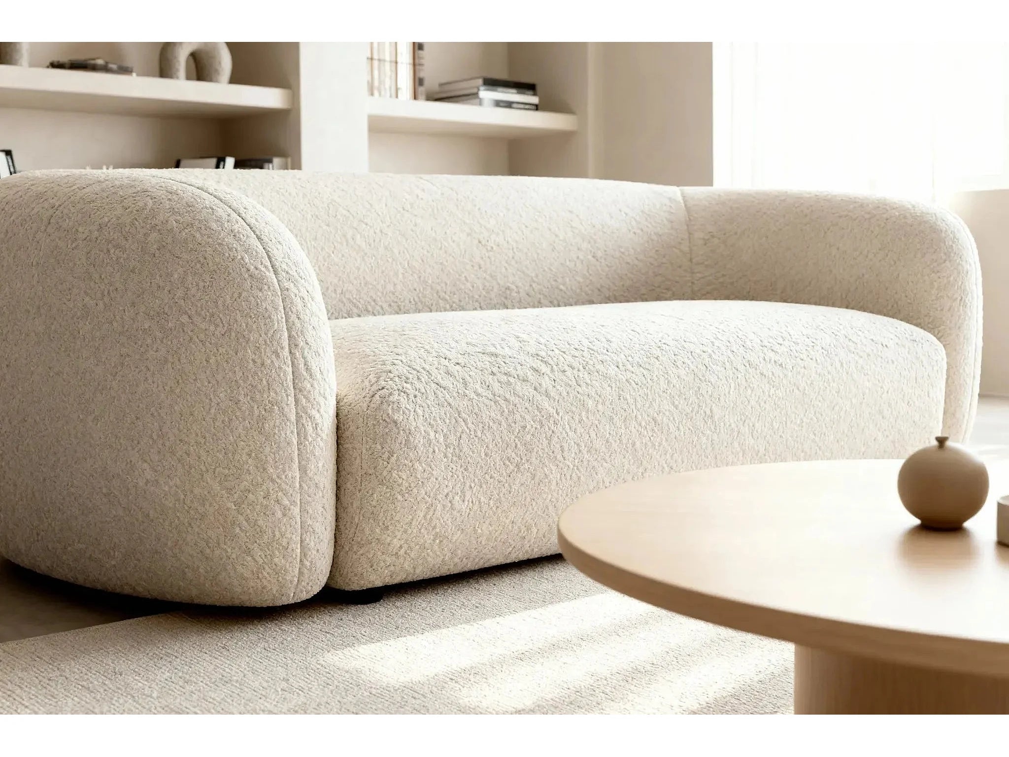 Canapé Arrondi Droit En Tissu Bouclette 3 Places Beige - BAHIA