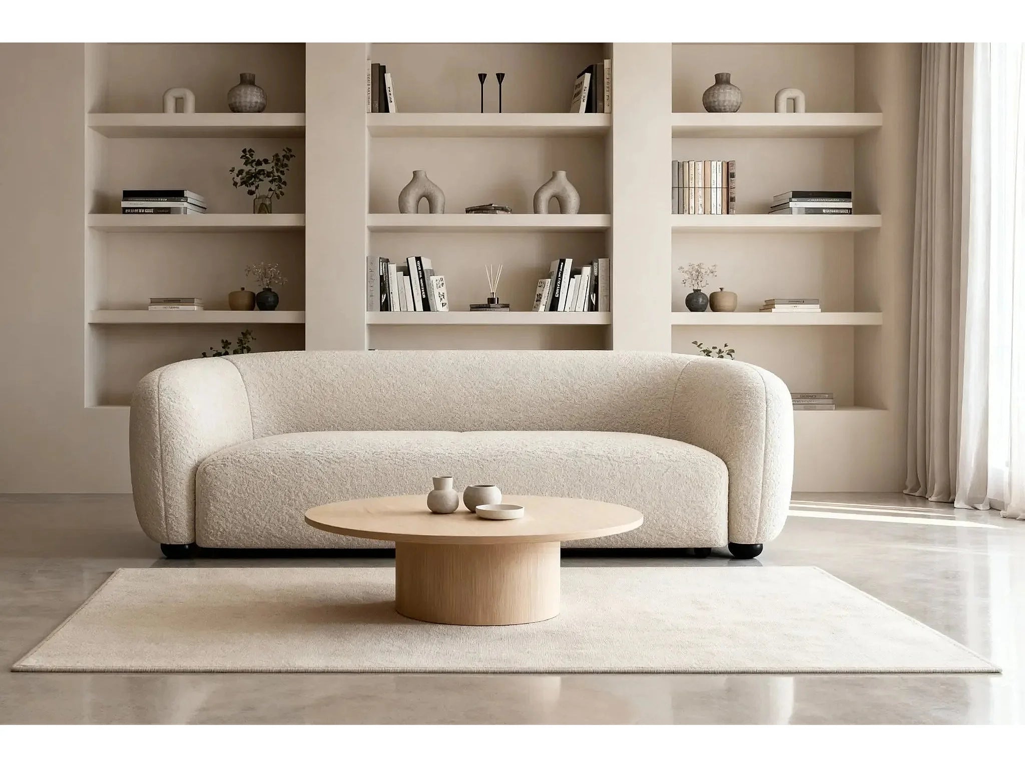 Canapé Arrondi Droit En Tissu Bouclette 3 Places Beige - BAHIA