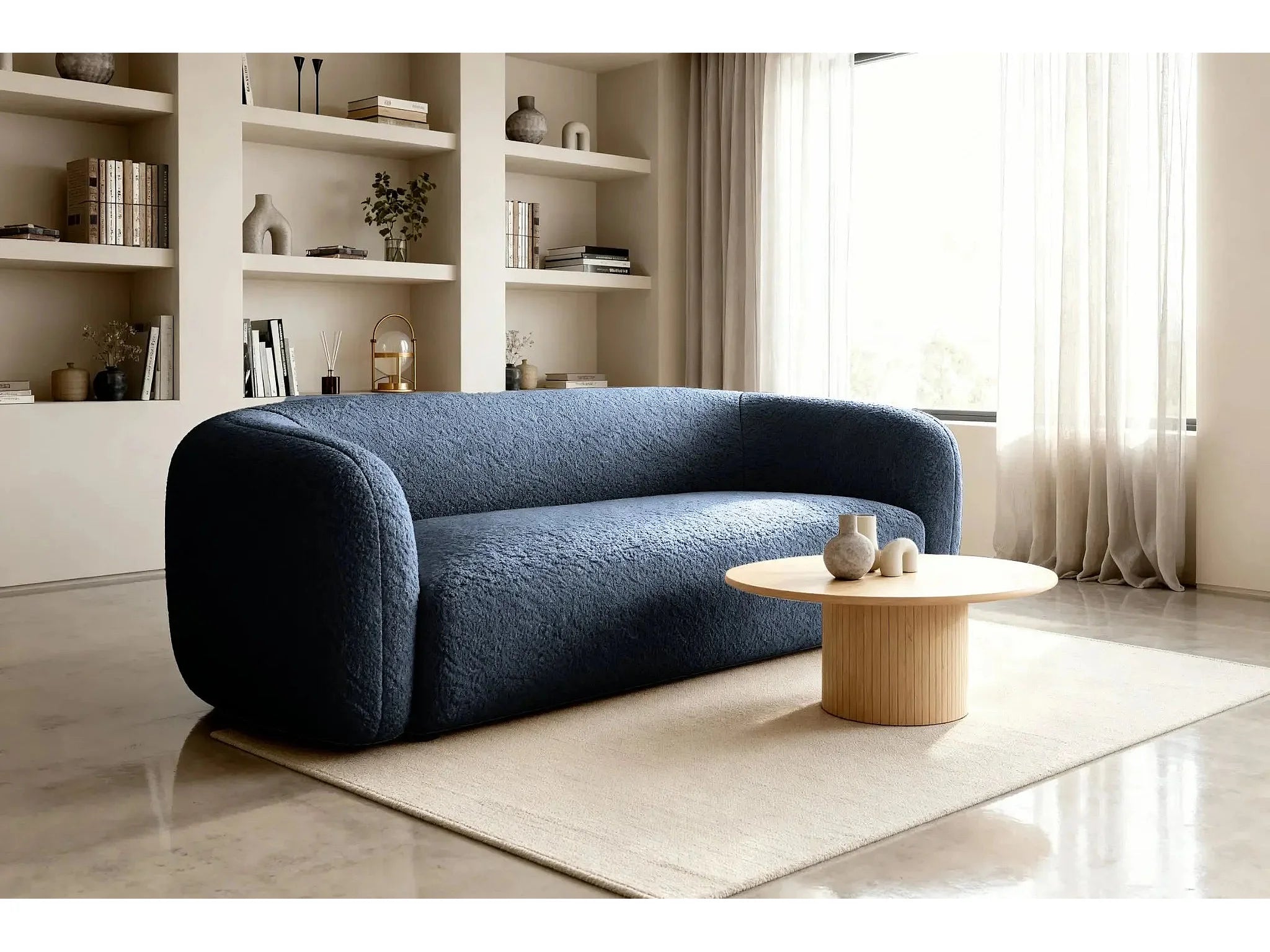 Canapé Arrondi Droit En Tissu Bouclette 3 Places Bleu - BAHIA
