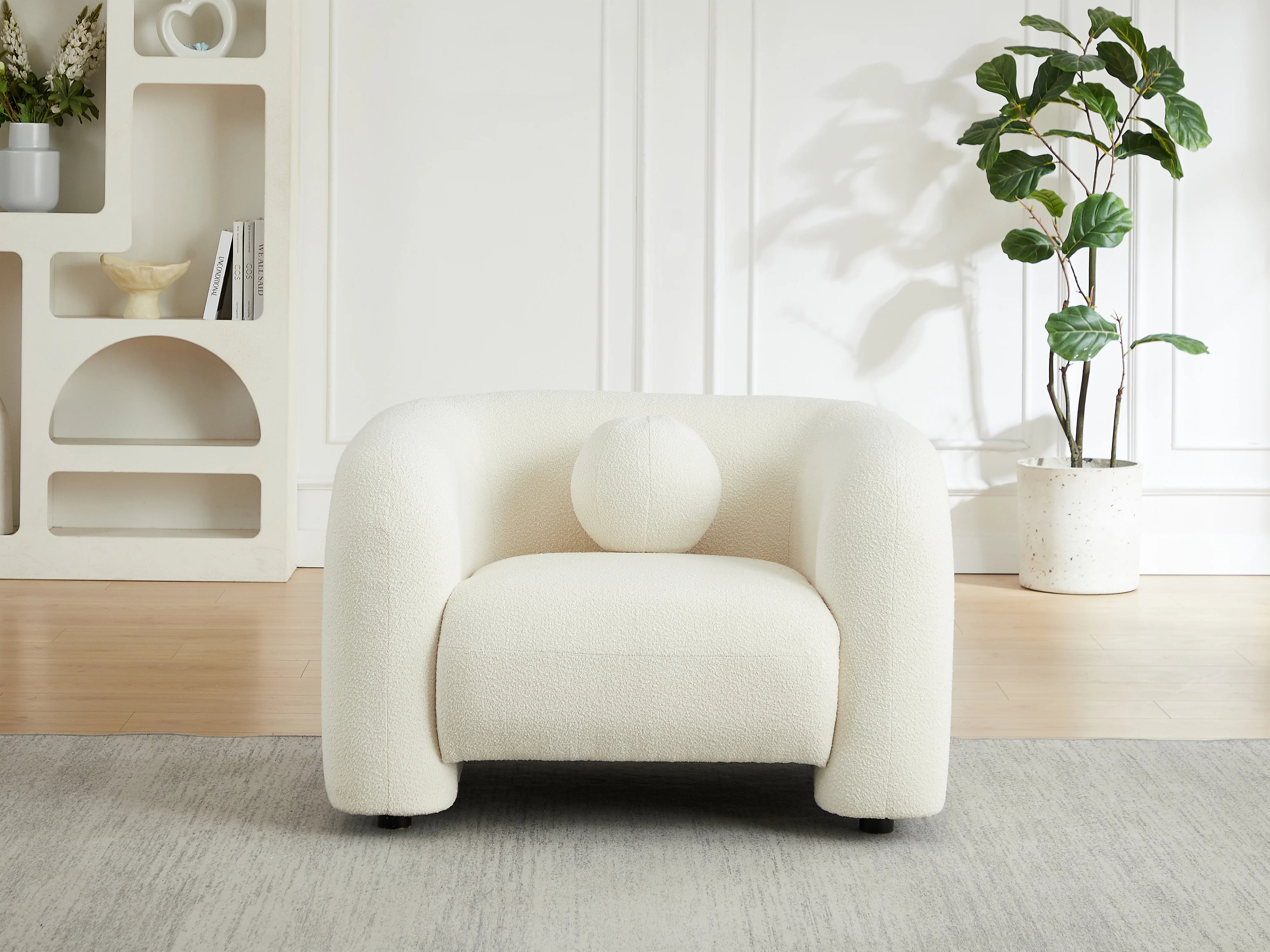 Fauteuil Arrondi En Tissu Bouclette Blanc Ivoire - OVOTAS