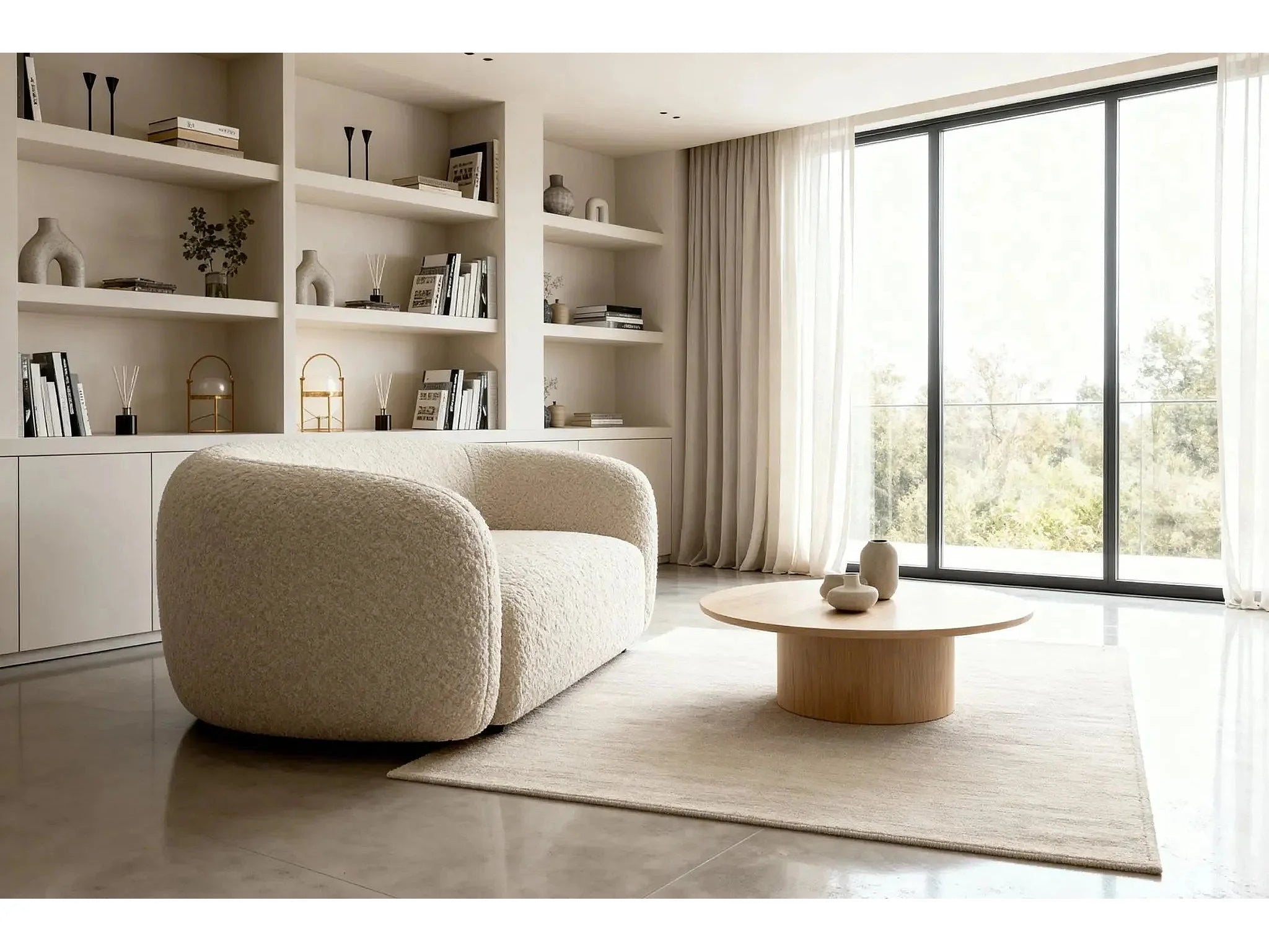 Canapé Arrondi Droit Tissu Bouclette 2 Places Beige - BAHIA