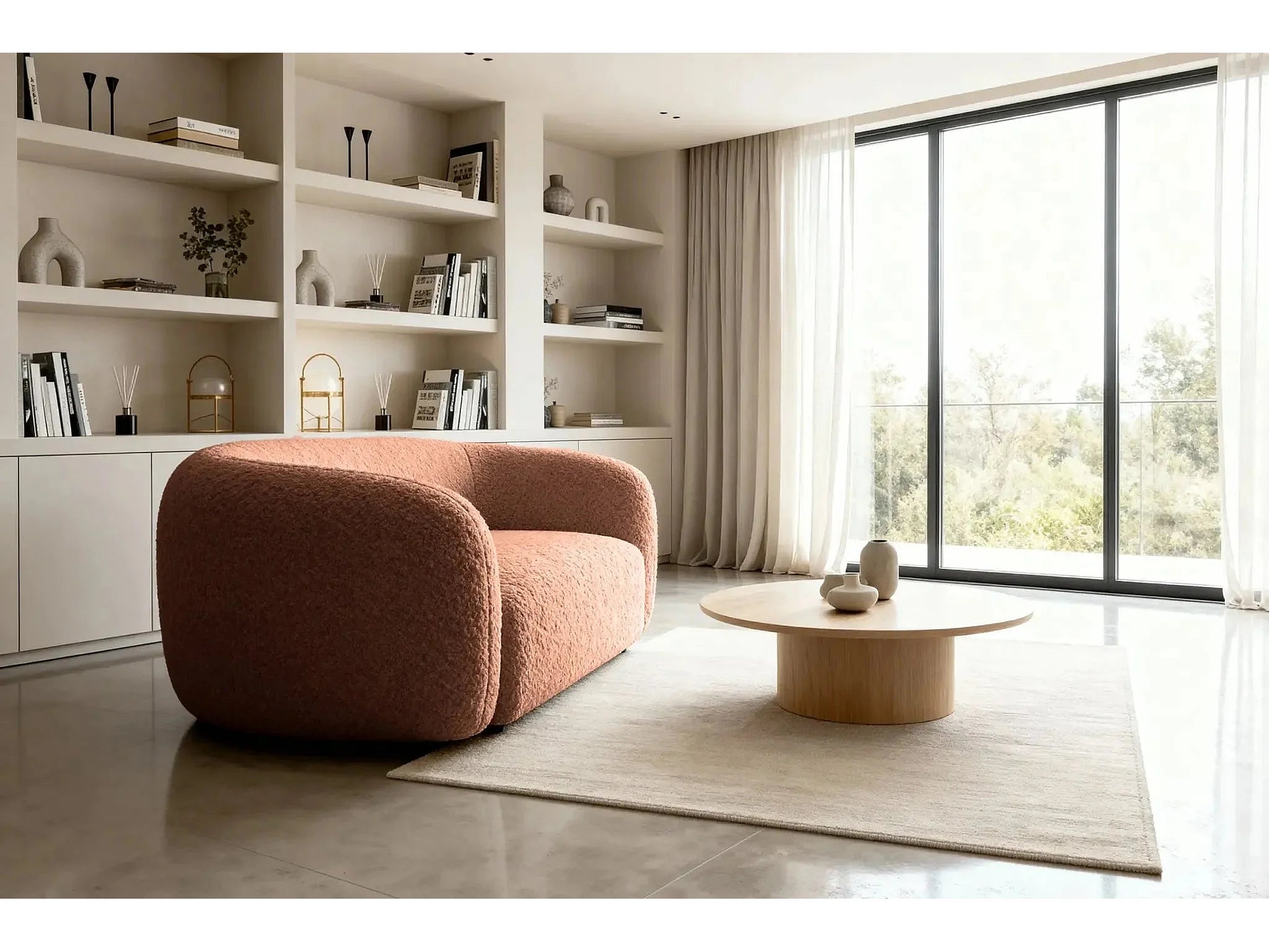 Canapé Arrondi Droit Tissu Bouclette 2 Places Terracotta - BAHIA
