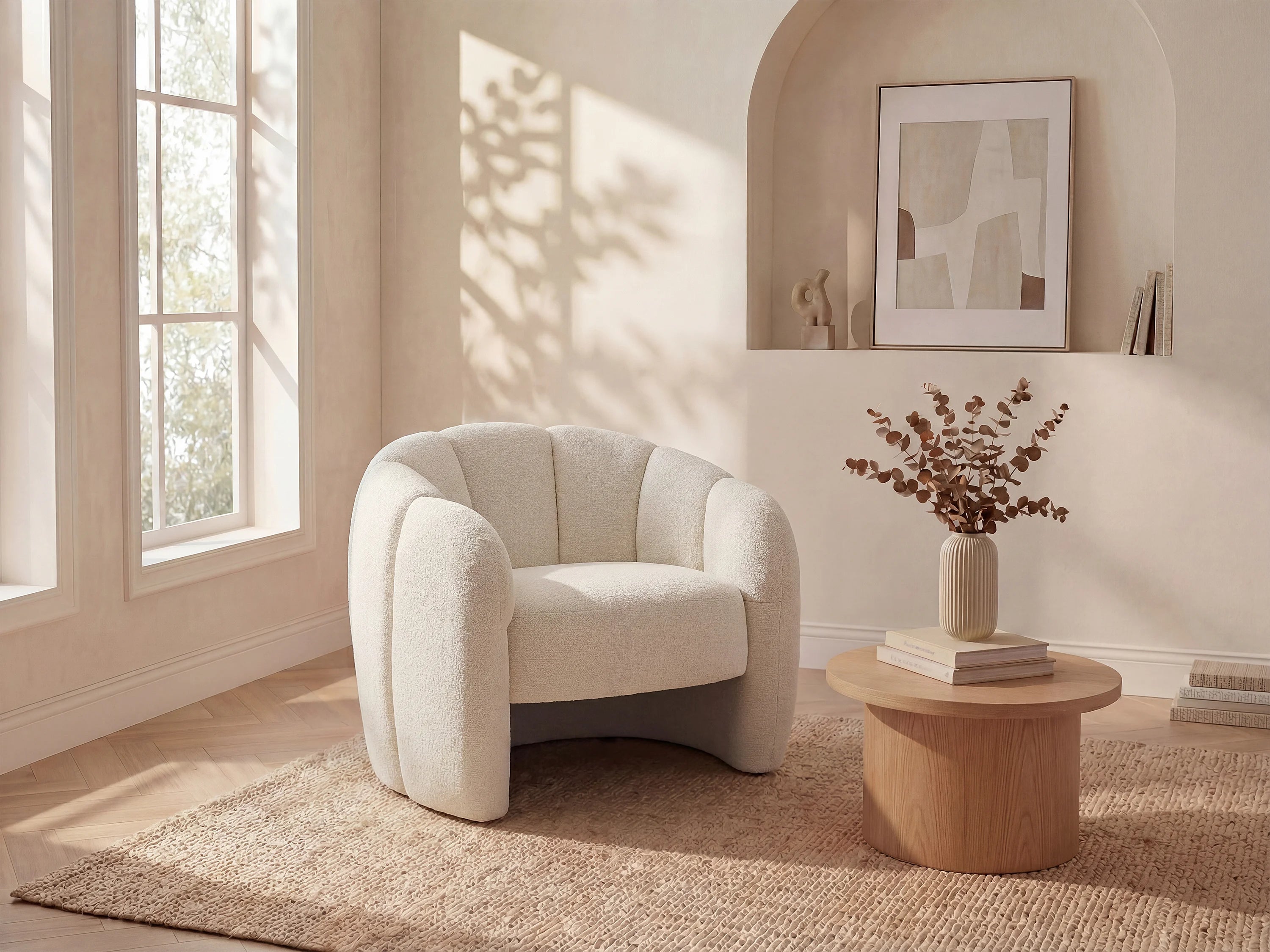 Fauteuil Arrondi Coquillage En Tissu Chenille Beige - DELIPO