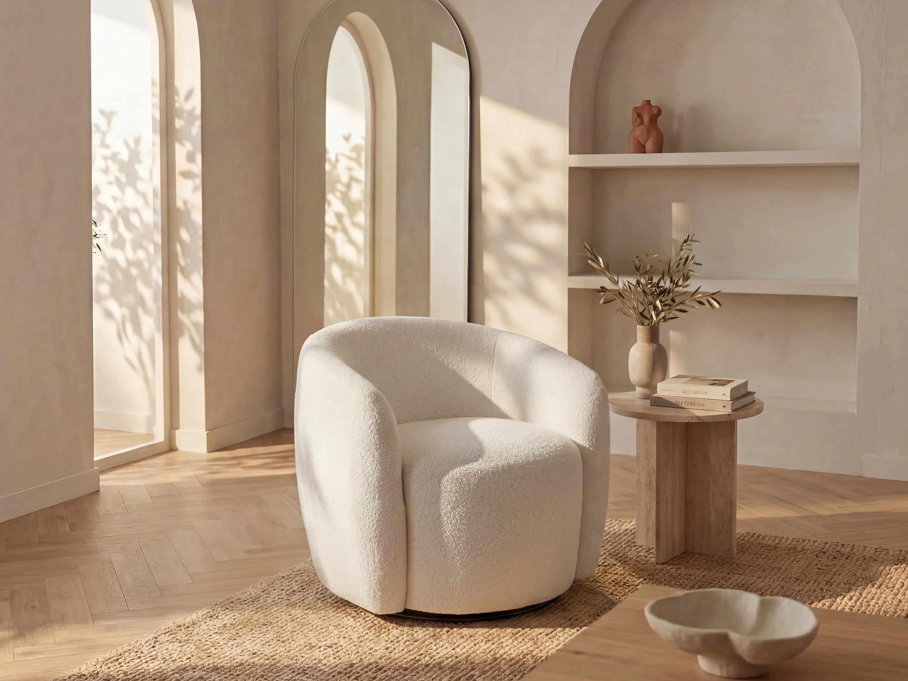 Fauteuil Arrondi Pivotant En Tissu Bouclette Blanc - VEREIDE