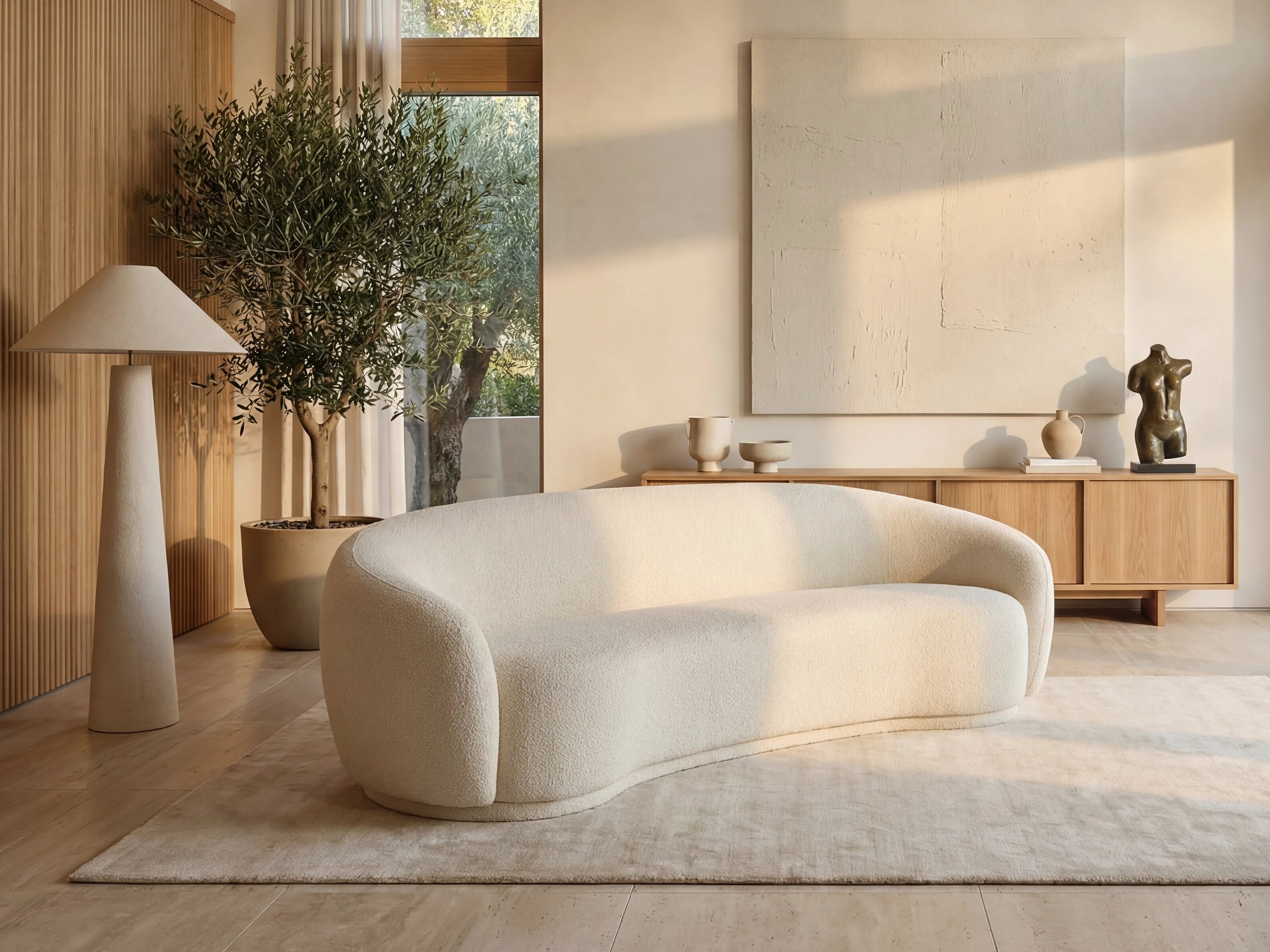 Canapé Arrondi 3 Places En Tissu Bouclette Beige - BOVANA
