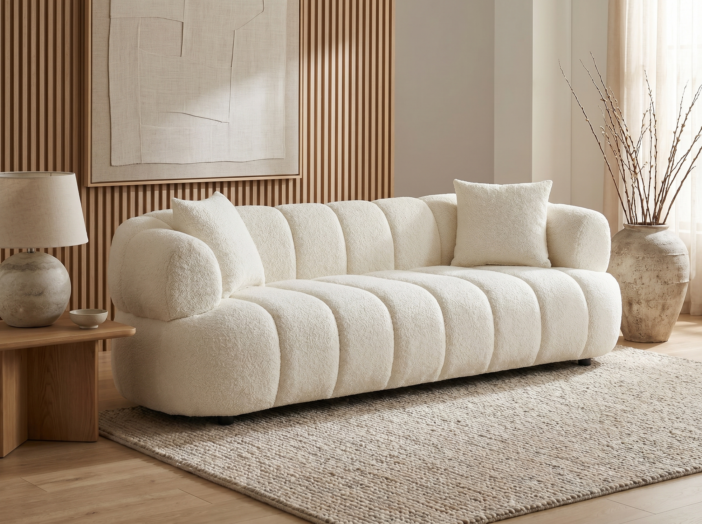 Canapé Arrondi bubble 3 Places En Tissu Bouclette Blanc Cassé - COLIANI