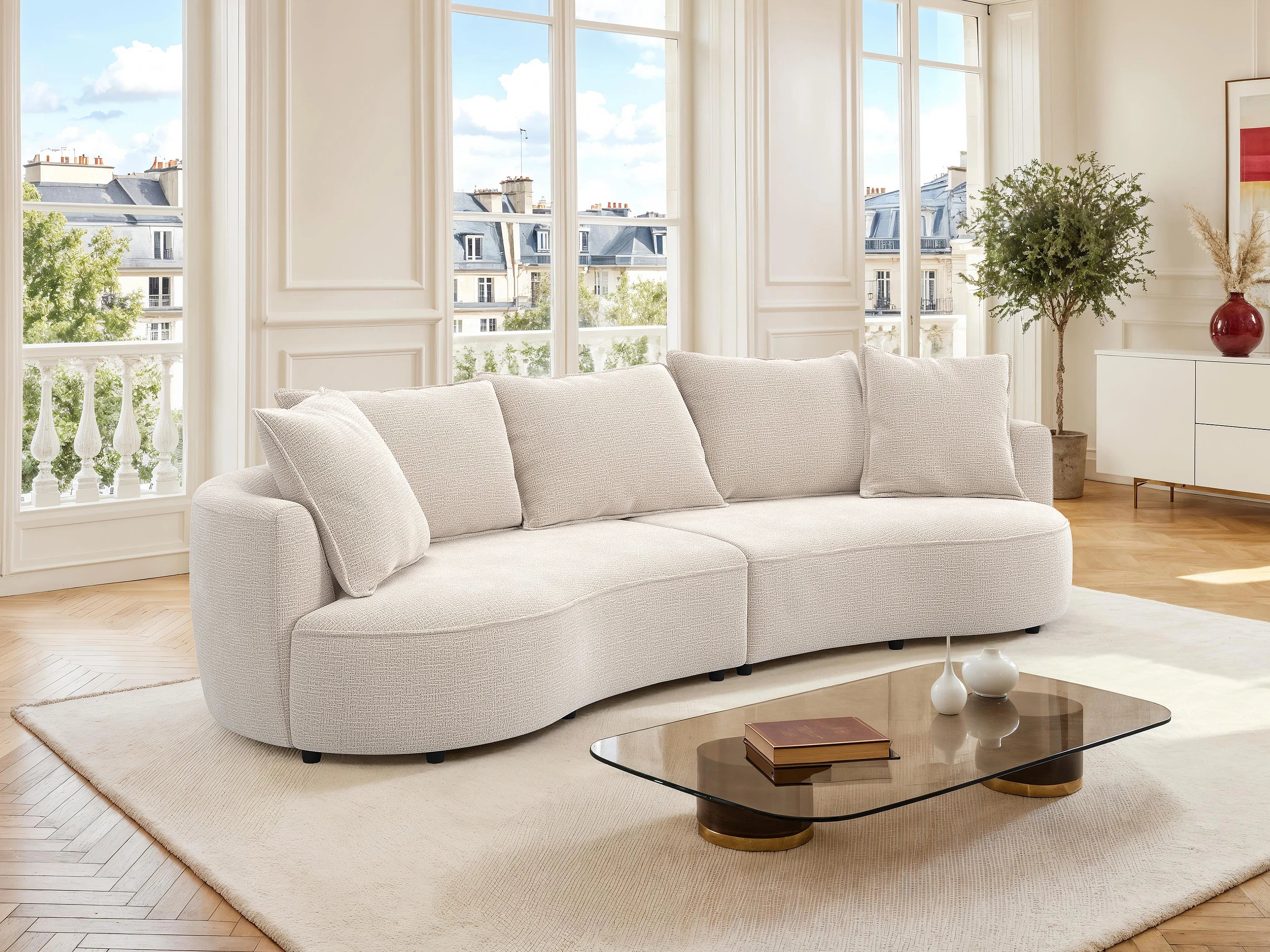 Canapé Arrondi 4 Places En Tissu Chenille Beige - CEPRANO