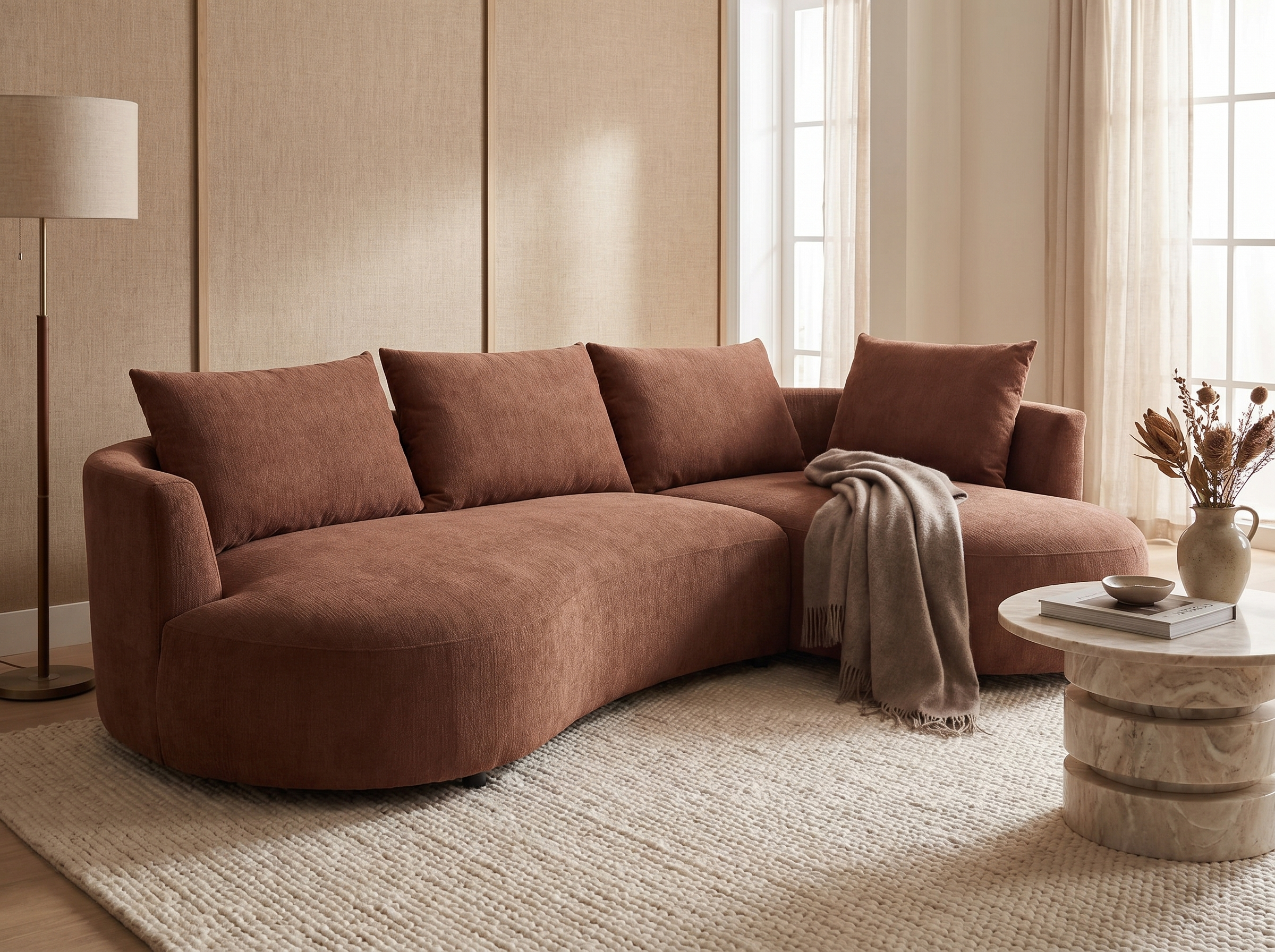 Canapé Arrondi D'Angle Droit En Velours Texturé Terracotta - LOUSADO