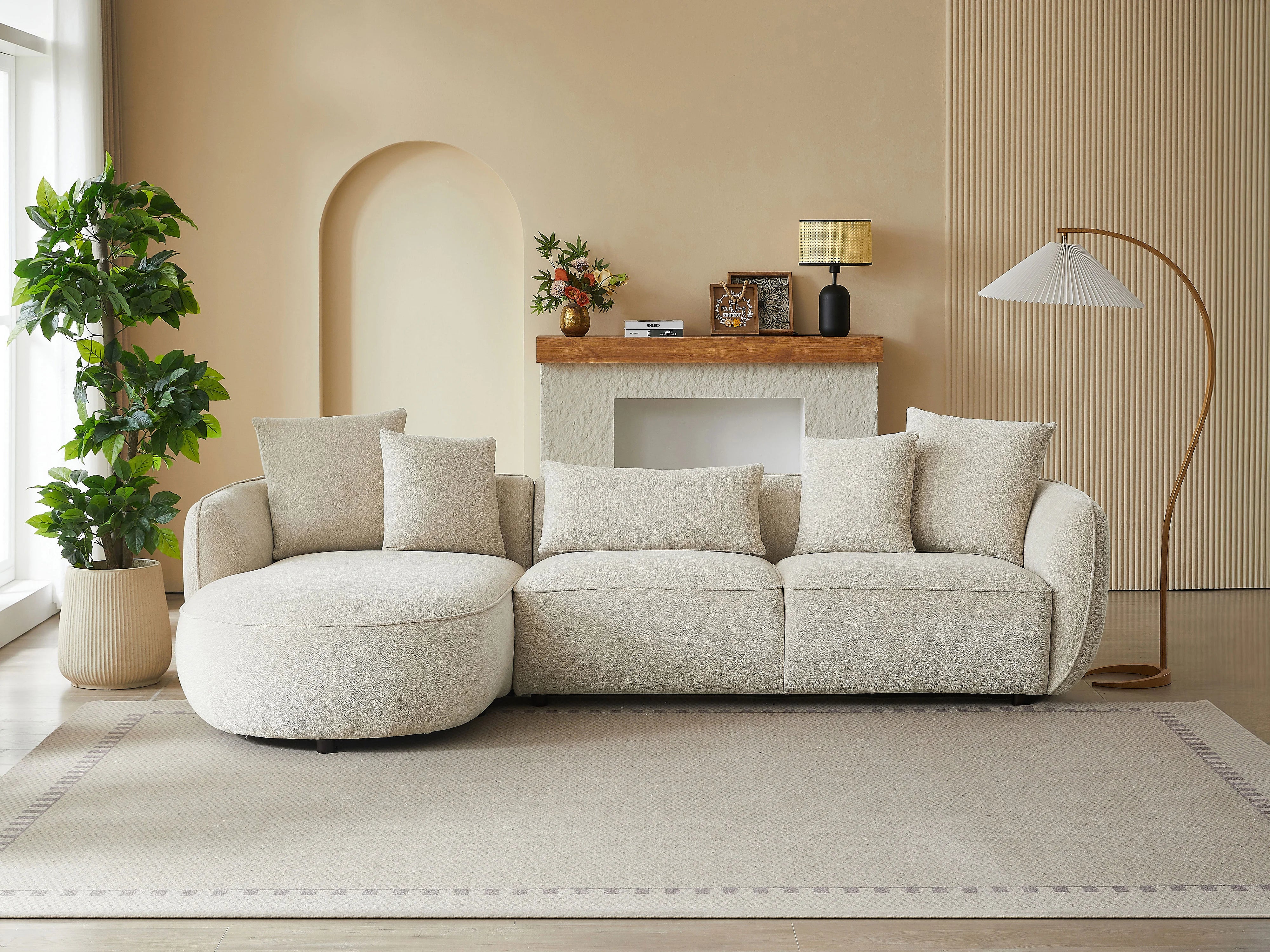 Canapé Arrondi D'Angle Gauche En Tissu Chenille Beige - DOKALO