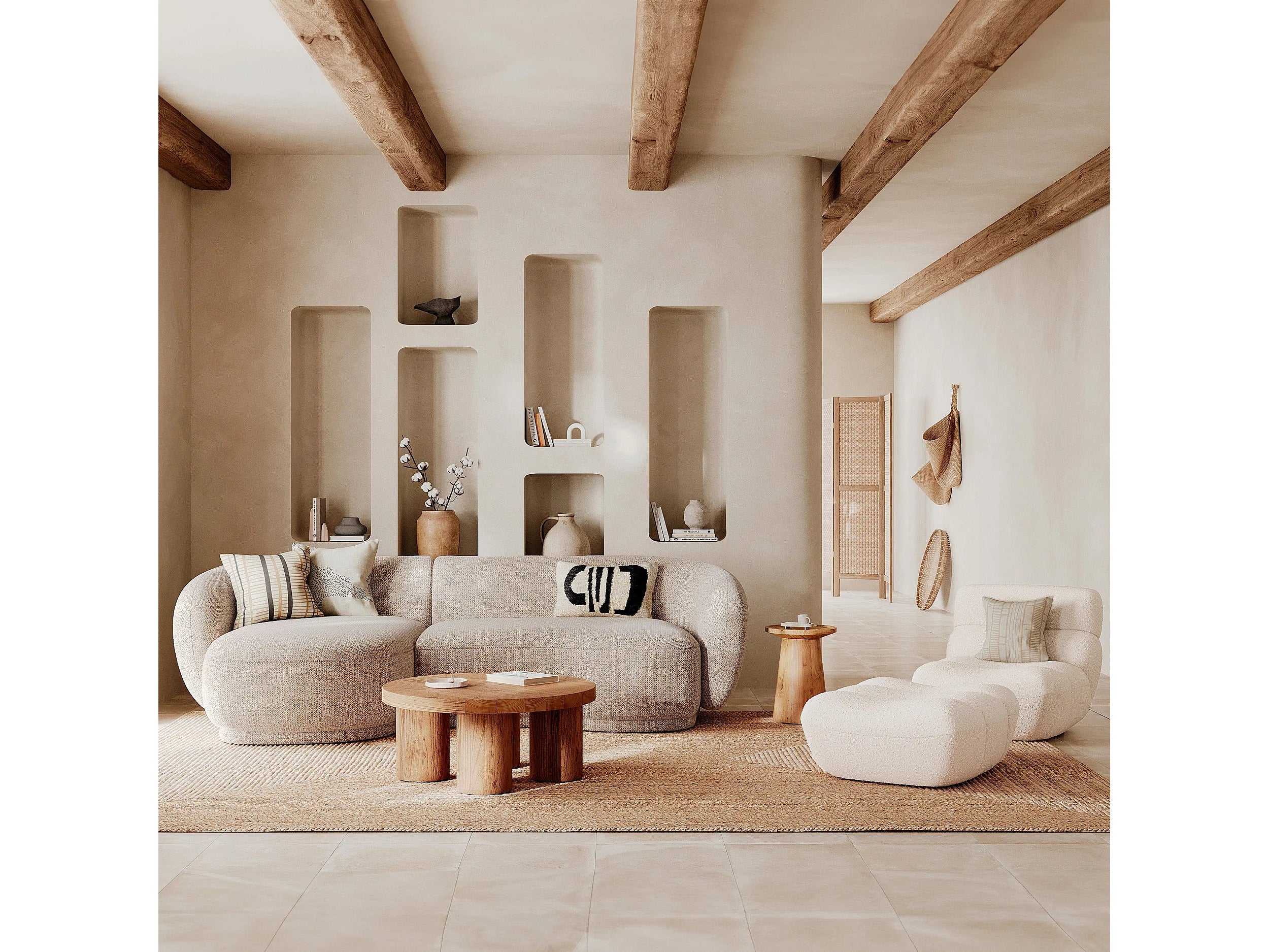 Canapé Arrondi D'Angle Modulable 4 Places Beige Chiné - NOVA