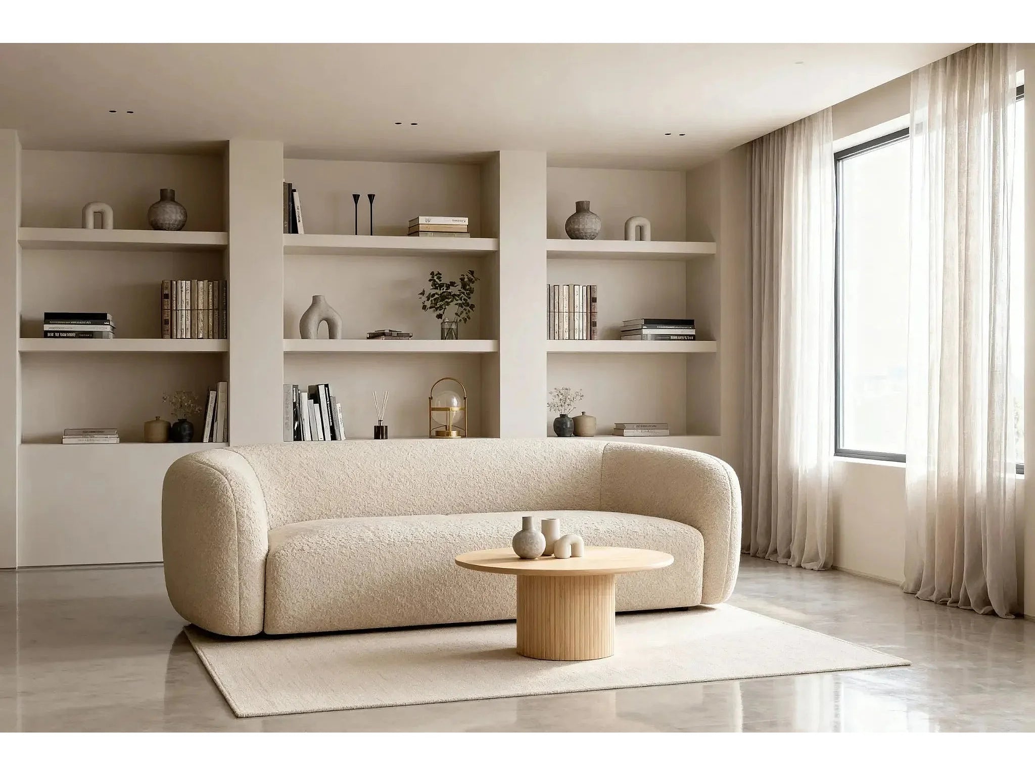 Canapé Arrondi Droit En Tissu Bouclette 3 Places Beige - BAHIA