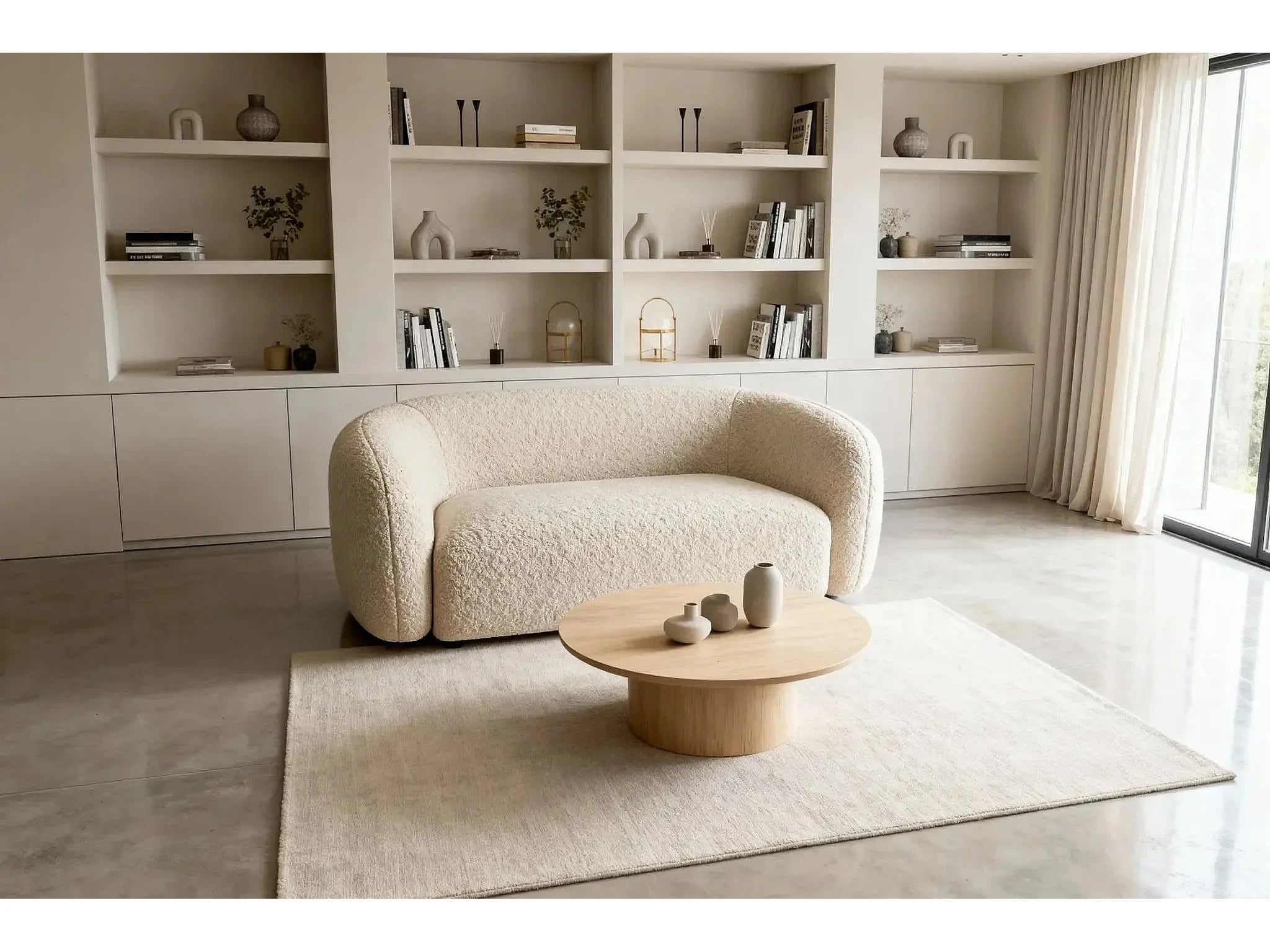Canapé Arrondi Droit Tissu Bouclette 2 Places Beige - BAHIA