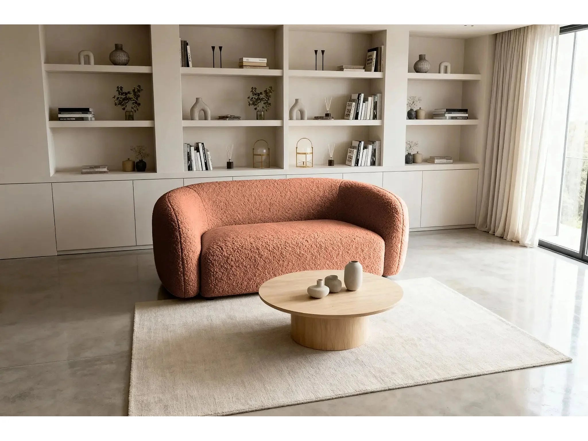 Canapé Arrondi Droit Tissu Bouclette 2 Places Terracotta - BAHIA