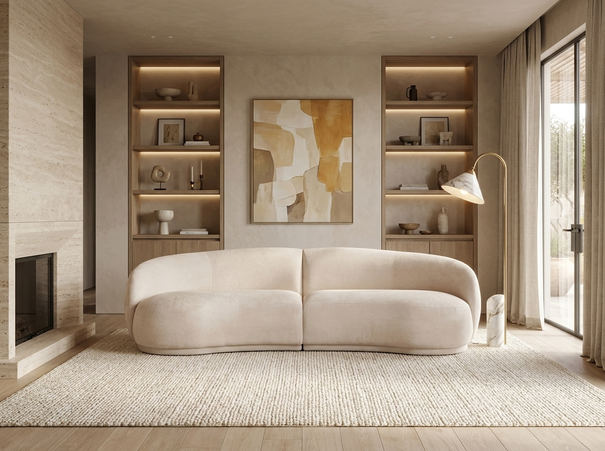 Canapé Arrondi Tissu 3 Places Beige - Harper