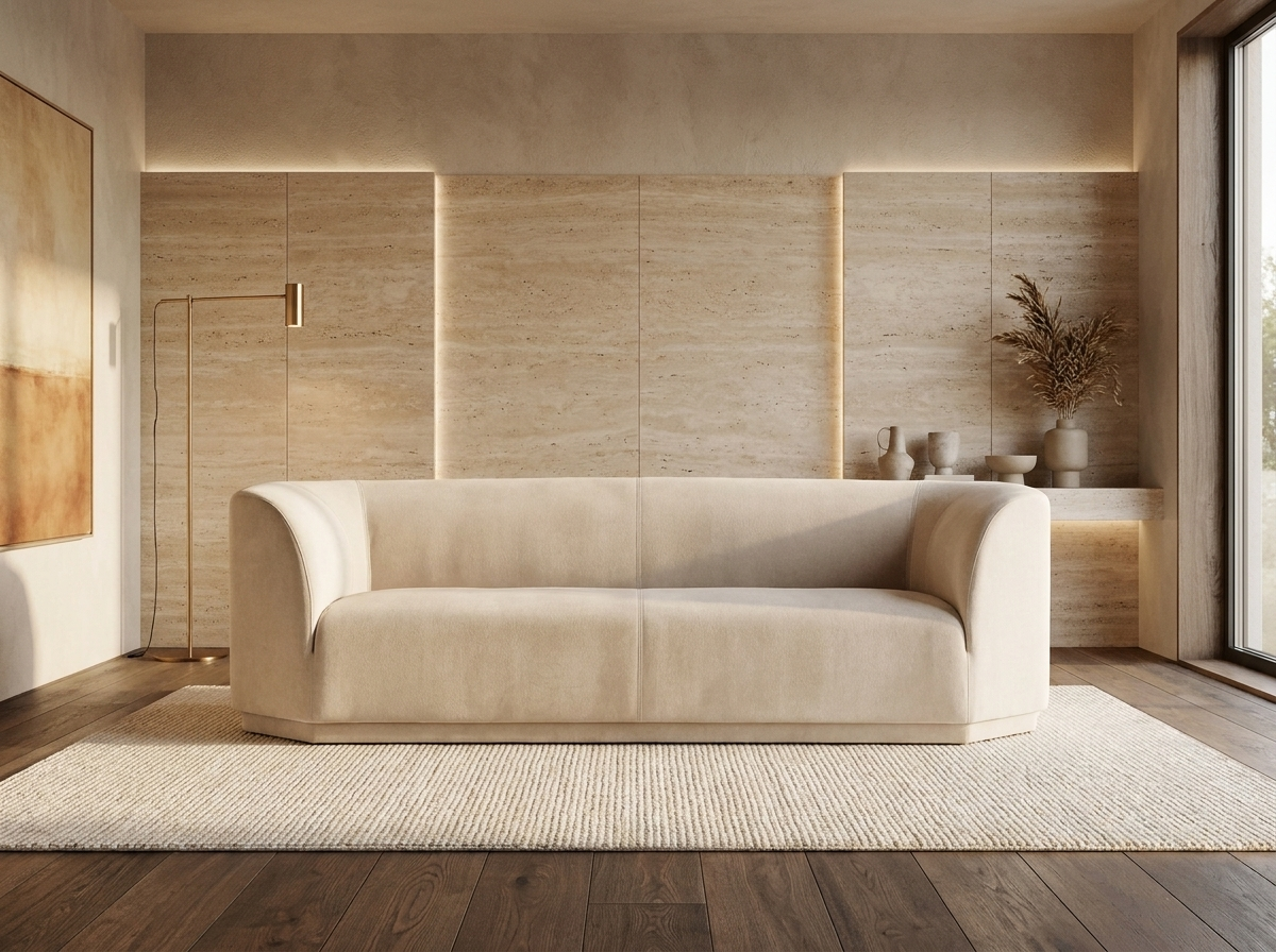Canapé Arrondi Tissu Tramé 4 Places Beige - Gaspard