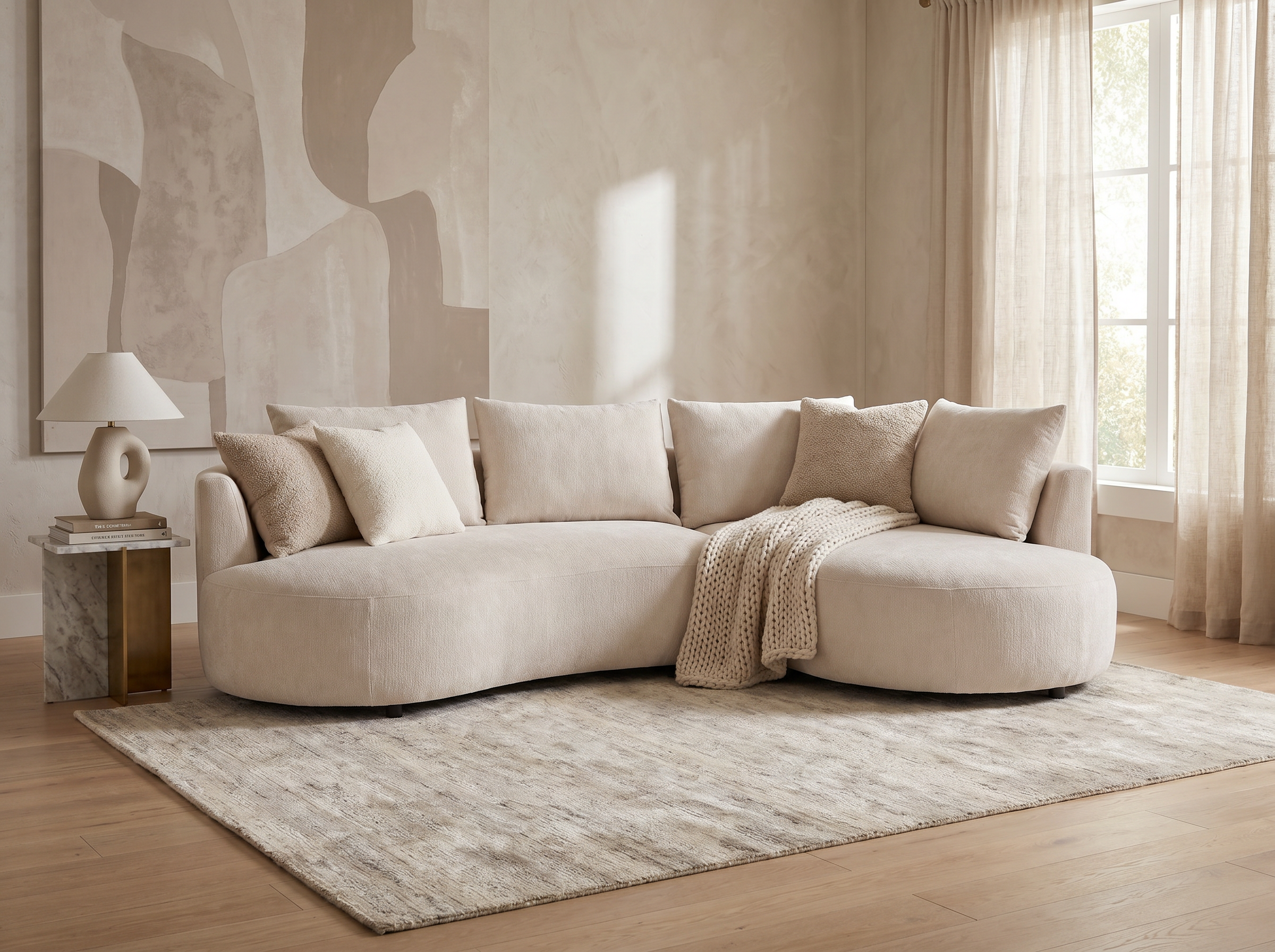 Canapé Arrondi d'Angle en Velours Texturé Beige - LOUSADO