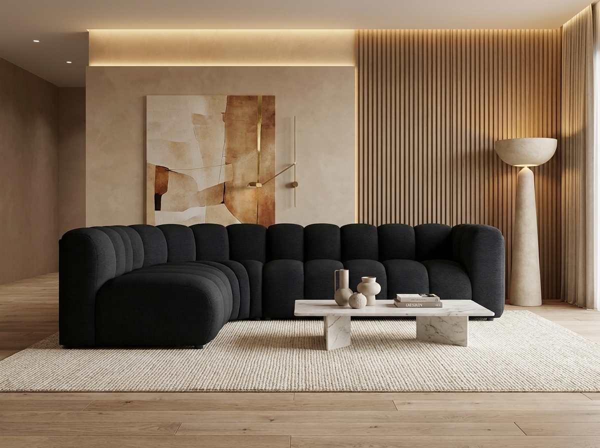 Canapé Modulable Arrondi Tissu Texturé 4 Places Noir Angle Droit - Debbie