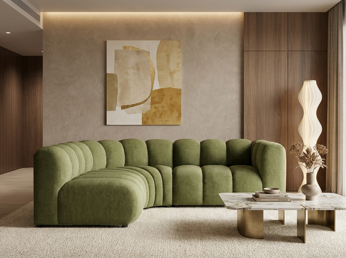 Canapé Modulable Arrondi Tissu Texturé 4 Places Vert Angle Droit - Debbie