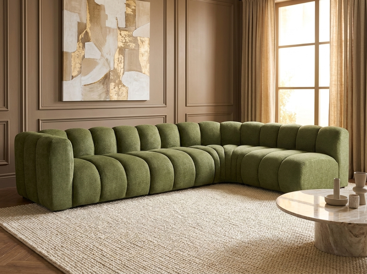 Canapé Modulable Arrondi Tissu Texturé 5 Places Vert Angle Droit - Debbie