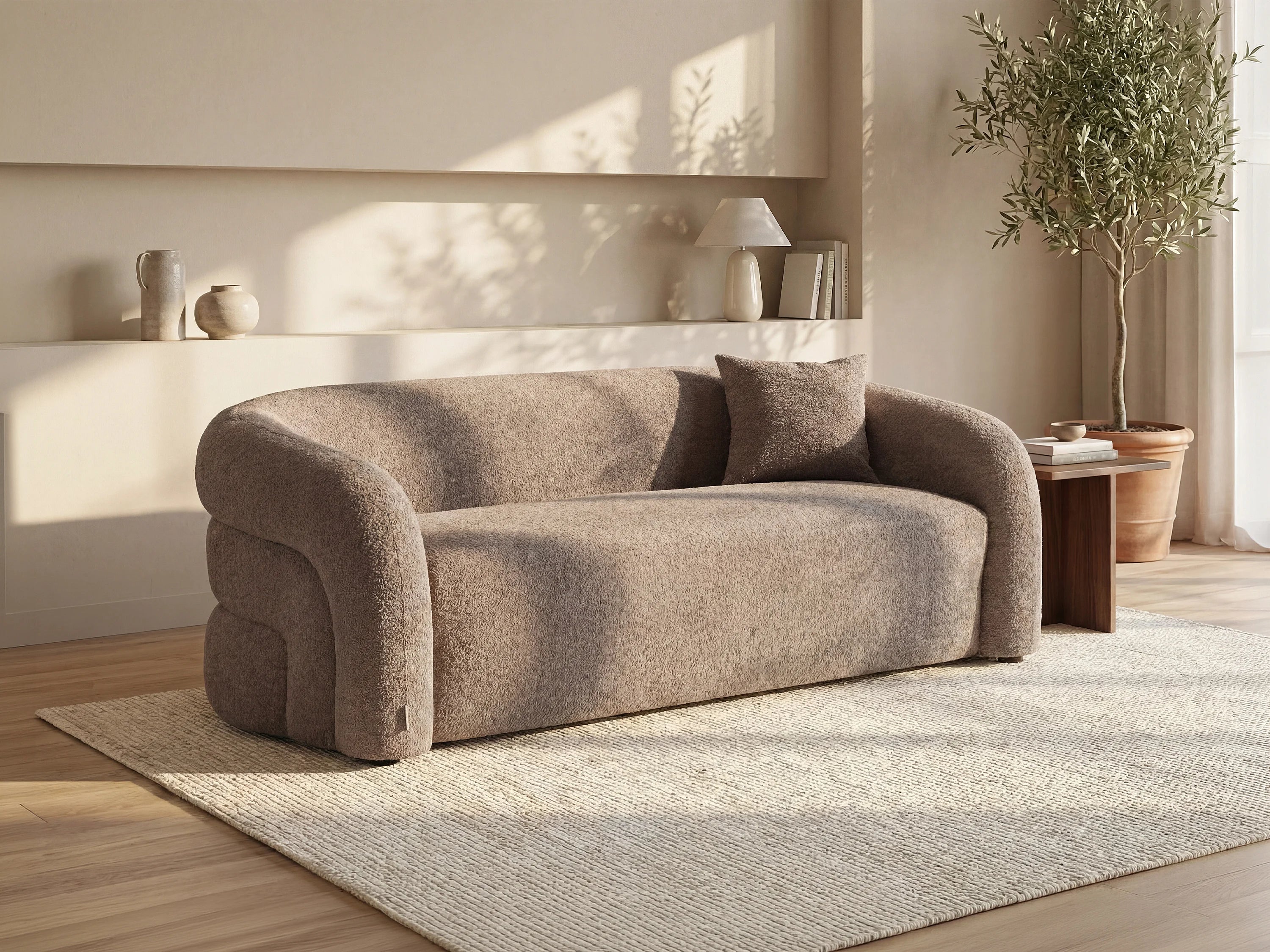 Canapé Arrondi 3 Places En Tissu Bouclette Taupe - LAPIOTA