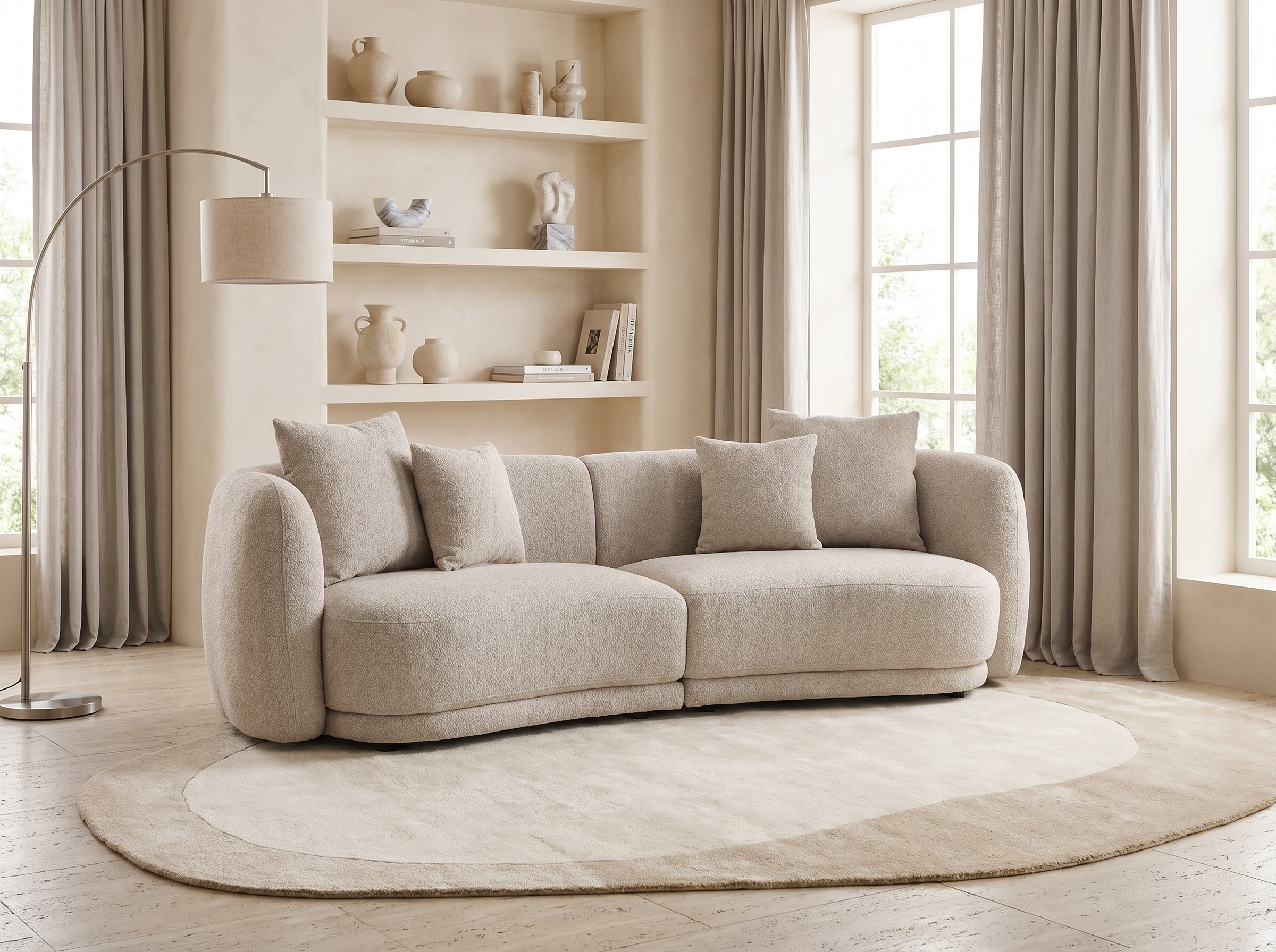 Canapé Arrondi 3 Places en Bouclette Beige 