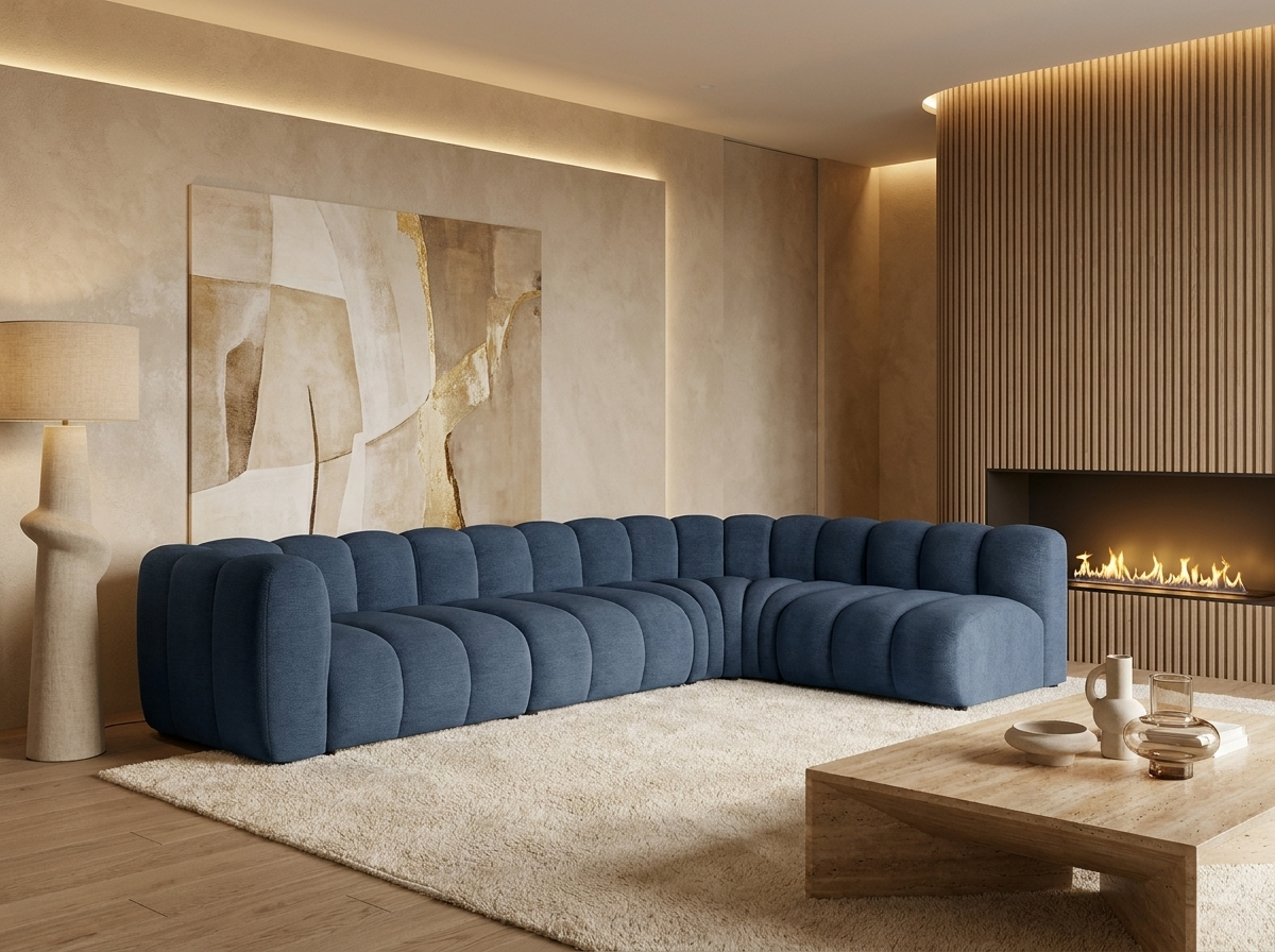 Canapé Modulable Arrondi Tissu Texturé 5 Places Bleu Angle Droit - Debbie