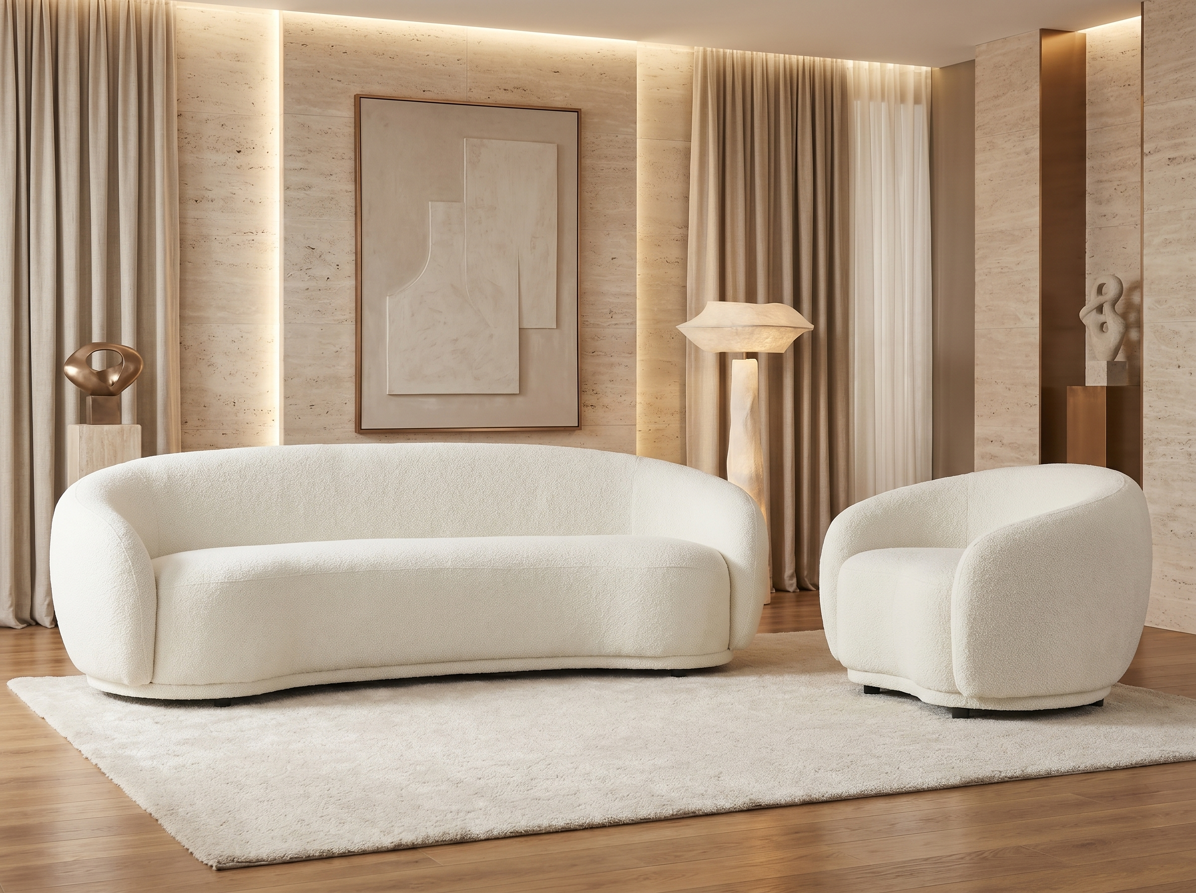 Ensemble Canapé Arrondi 3 Places + Fauteuil Arrondi Blanc Ivoire - BOVANA